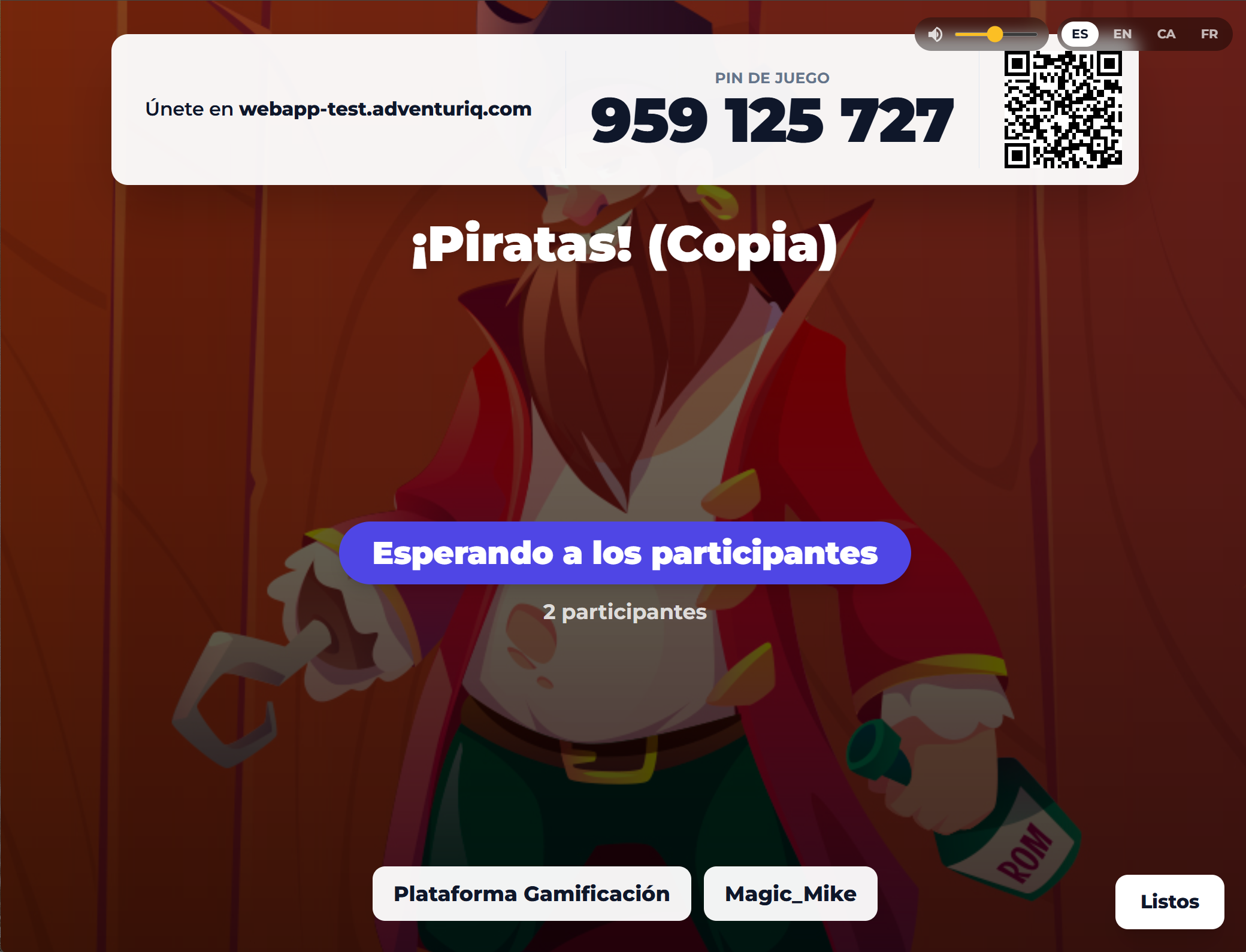 Lobby del visor AdventuriQ Arena con el Game PIN grande y el QR para unirse