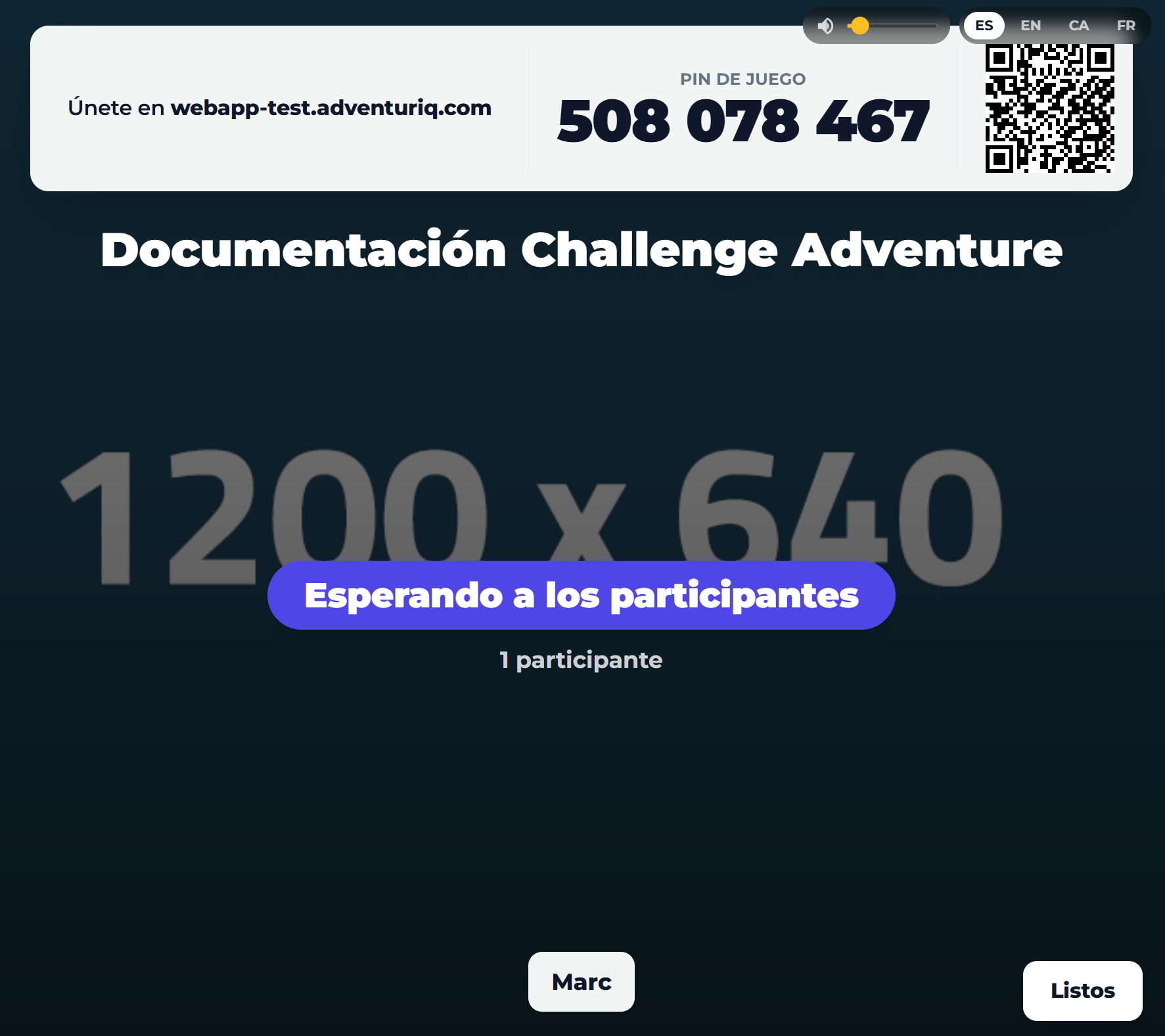 Sala de espera del visor de Modo Arena con el Game PIN, el QR y el nickname de un Player invitado ya dentro