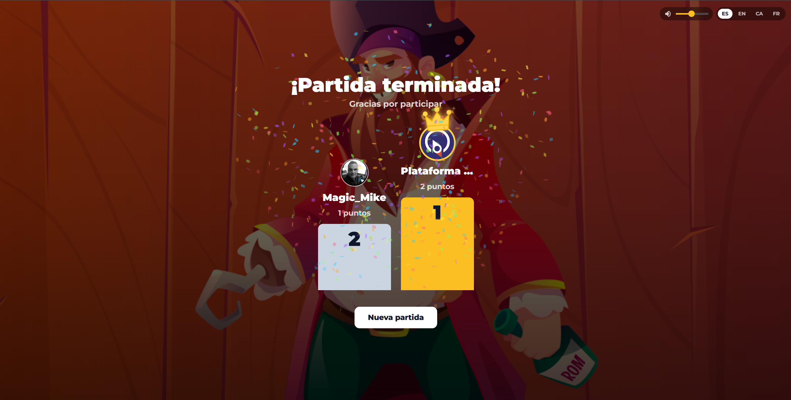 Podio final del Arena con los tres primeros, sus avatares y la corona del ganador