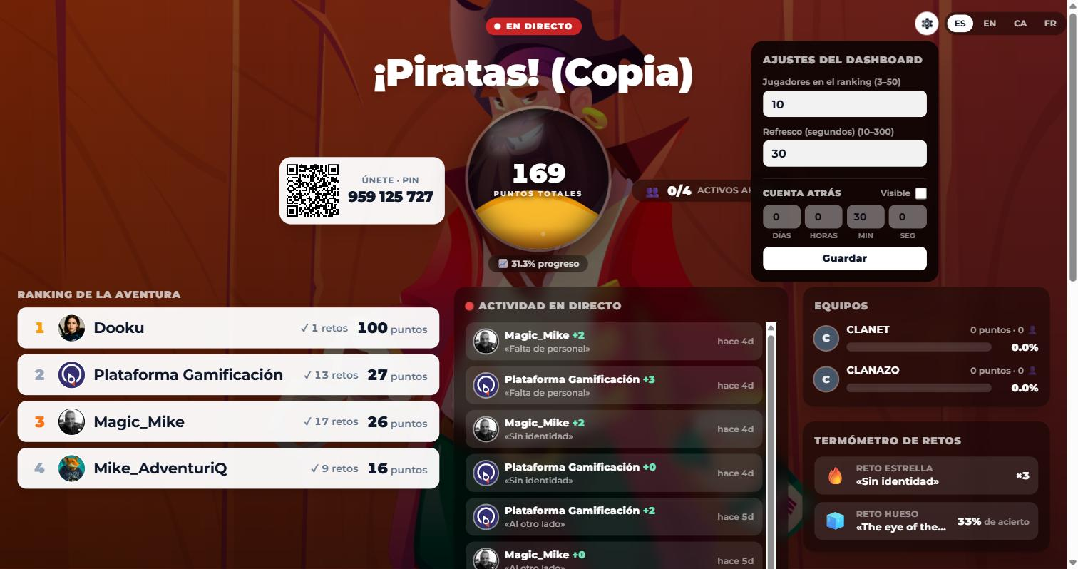 Panel de ajustes del Dashboard Live con jugadores del ranking, refresco y cuenta atrás