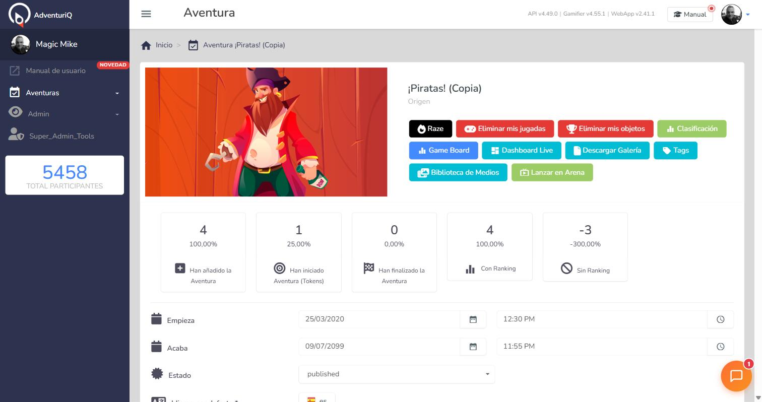 Ficha de la Aventura en el Gamifier con el botón "Dashboard Live"