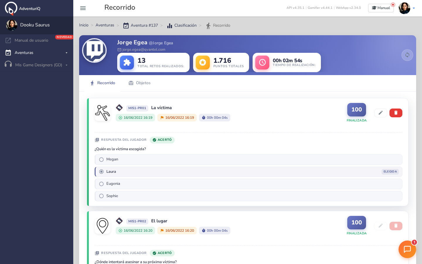 Pestaña Recorrido del Detalle del Player mostrando la lista de Retos con fechas, tiempo y puntuación