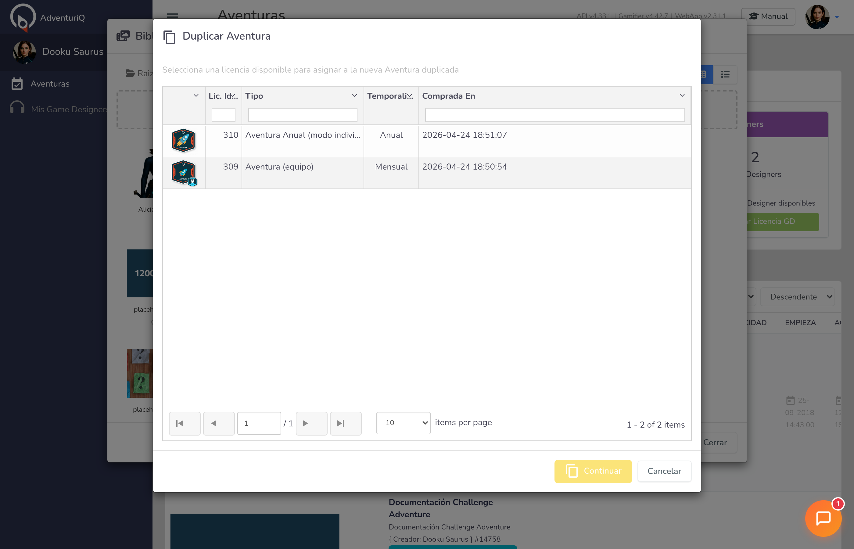 Modal de Duplicar Aventura — selección de Licencia destino con tarjetas por tipo