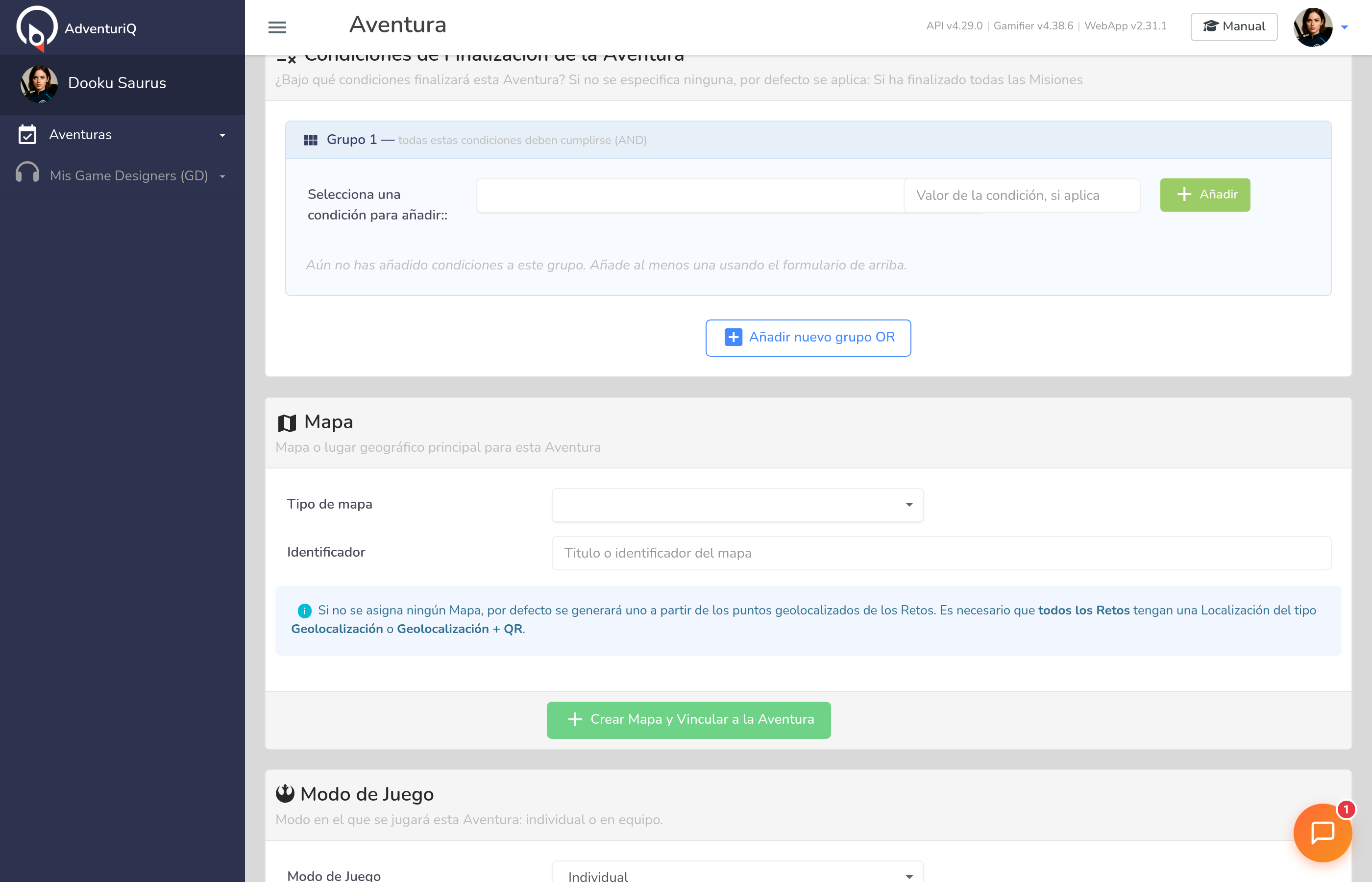 Sección Condiciones de Finalización en el Gamifier — selector de tipo de condición, campo de valor, botón para añadir y botón para añadir nuevo grupo OR