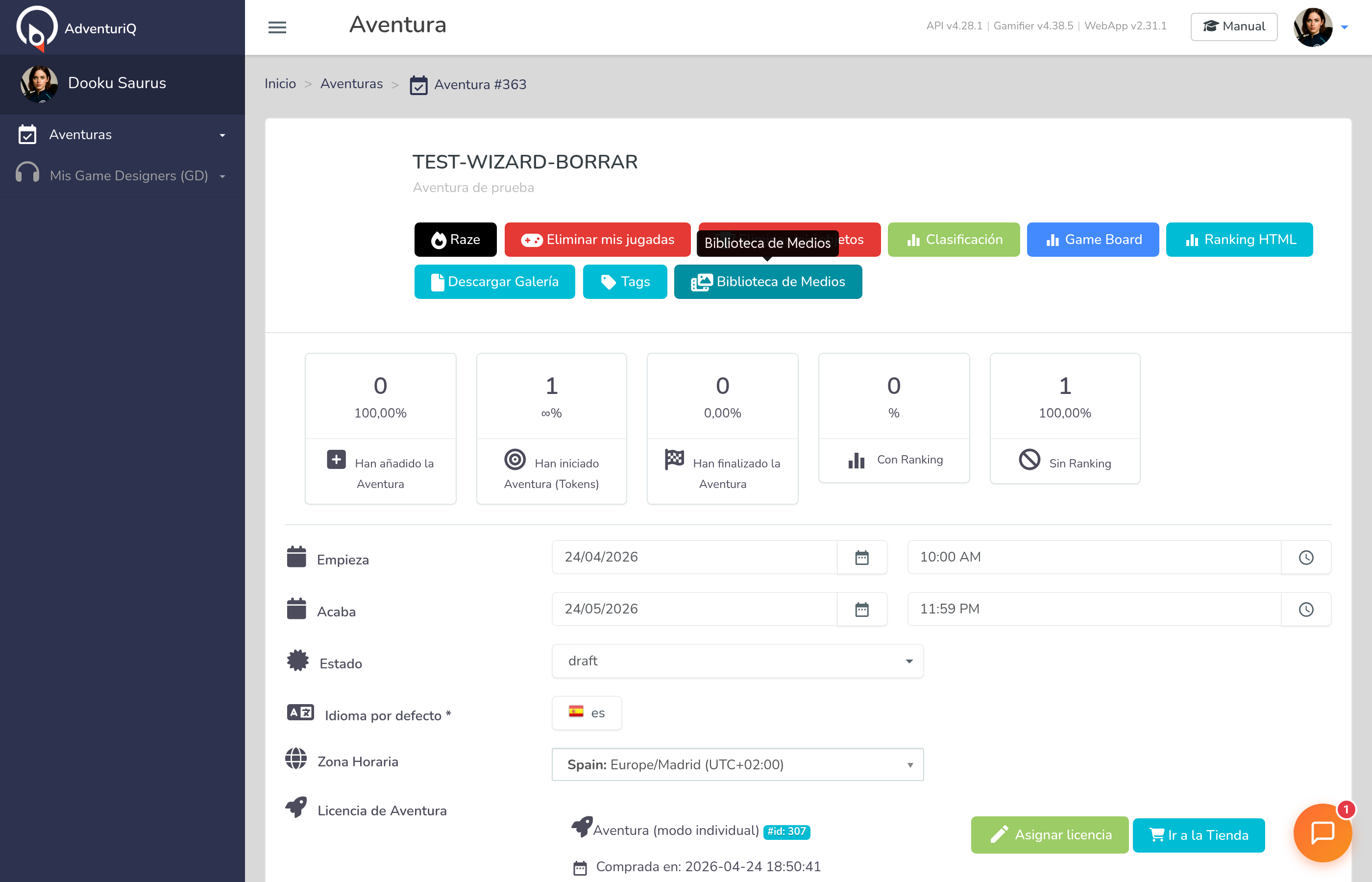 Editor de la Aventura recién creada mostrando el estado Draft, fechas, idioma, zona horaria y la licencia asignada