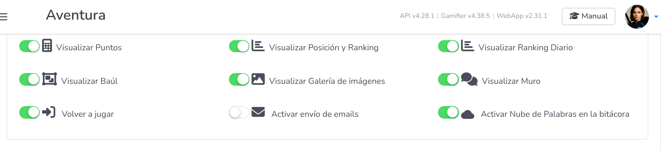 Opciones de la Aventura — los 9 toggles disponibles, con "Activar Nube de Palabras en la bitácora" visible y activado en la esquina inferior derecha