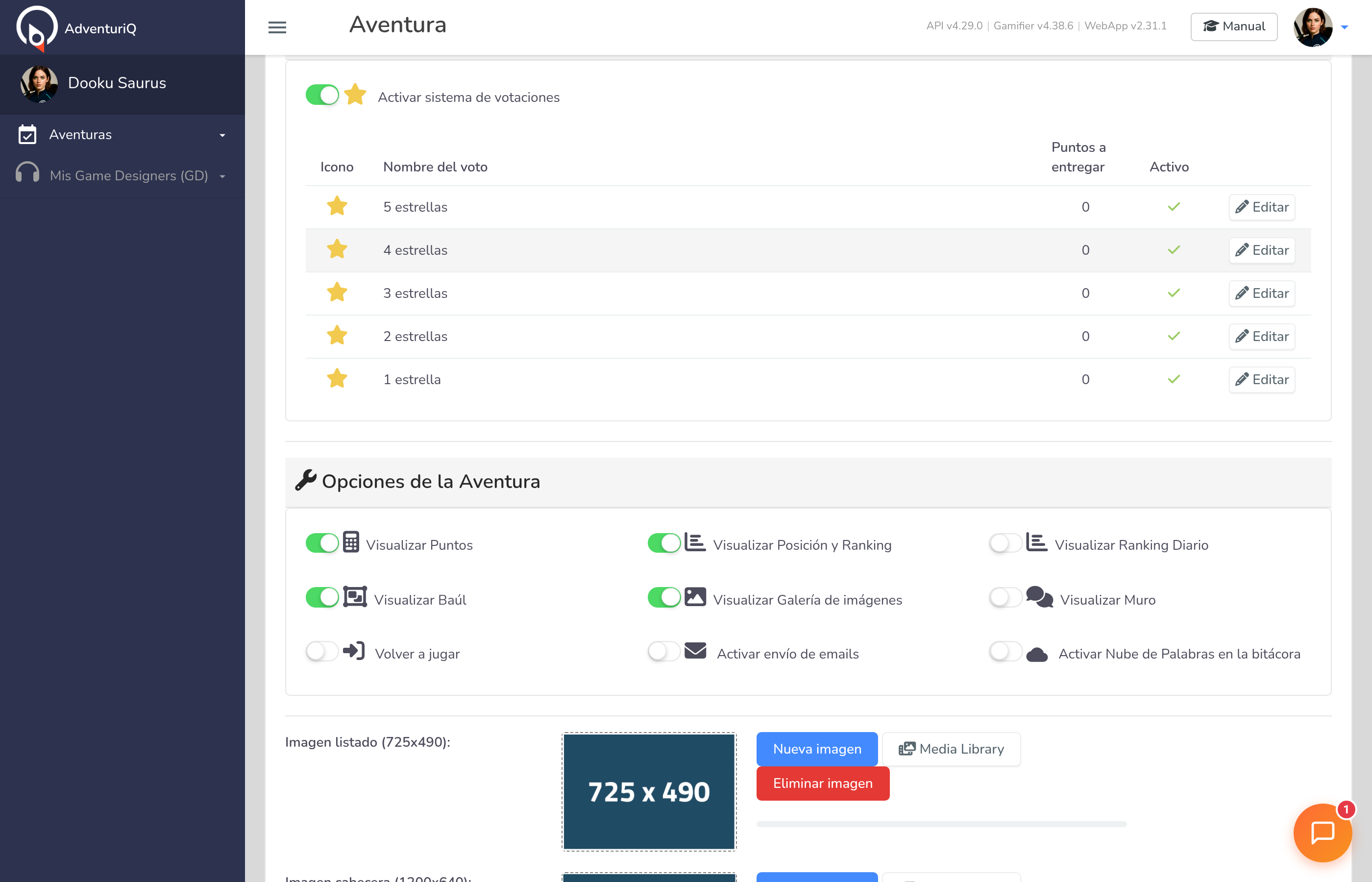 Sección de Votaciones en el Gamifier — toggle de activación y los 5 Tipos de Voto con su icono, nombre, puntos a entregar, estado activo y botón Editar