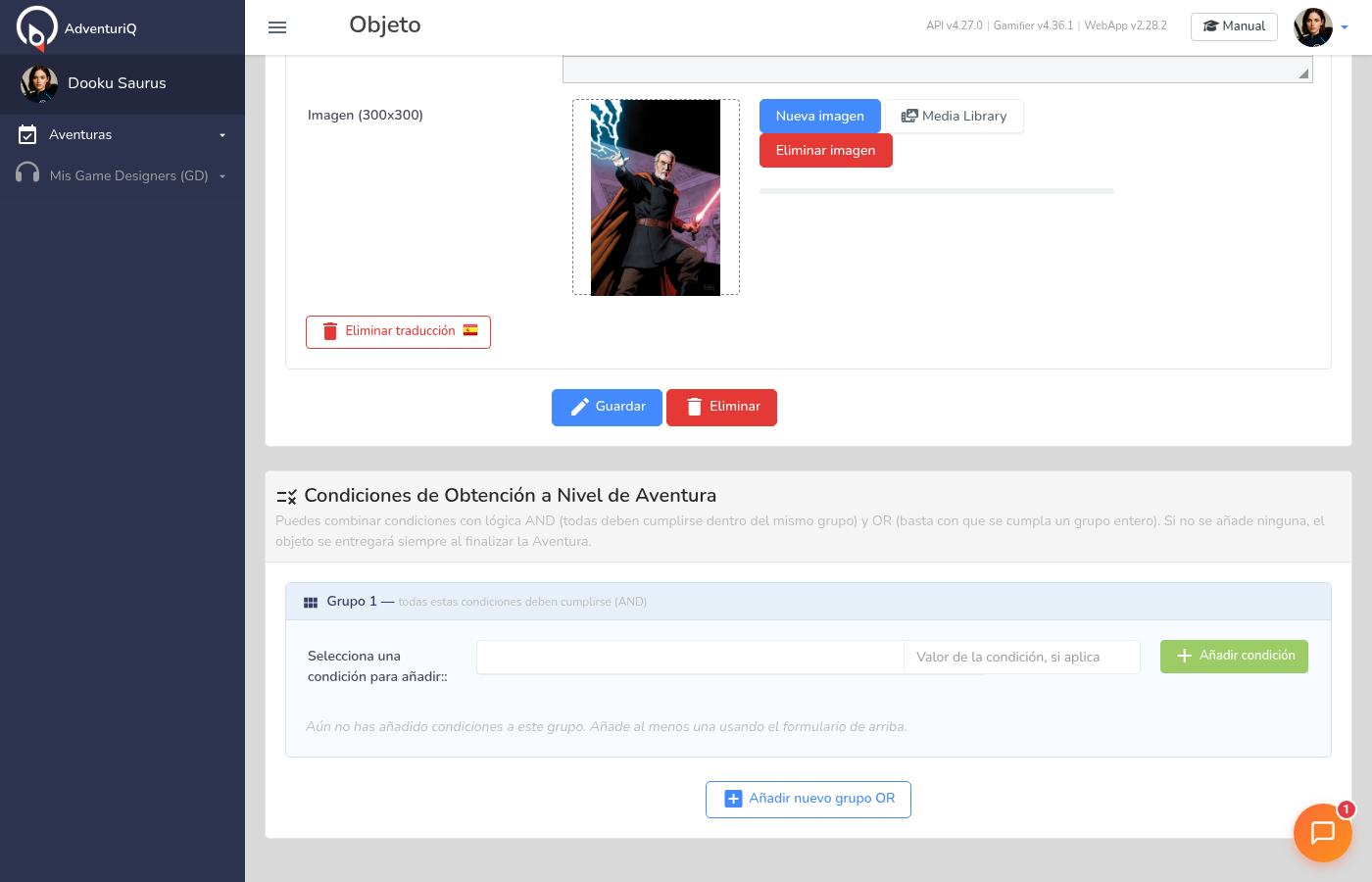 Sección de Condiciones de Obtención a Nivel de Aventura mostrando la configuración de grupos con lógica AND/OR