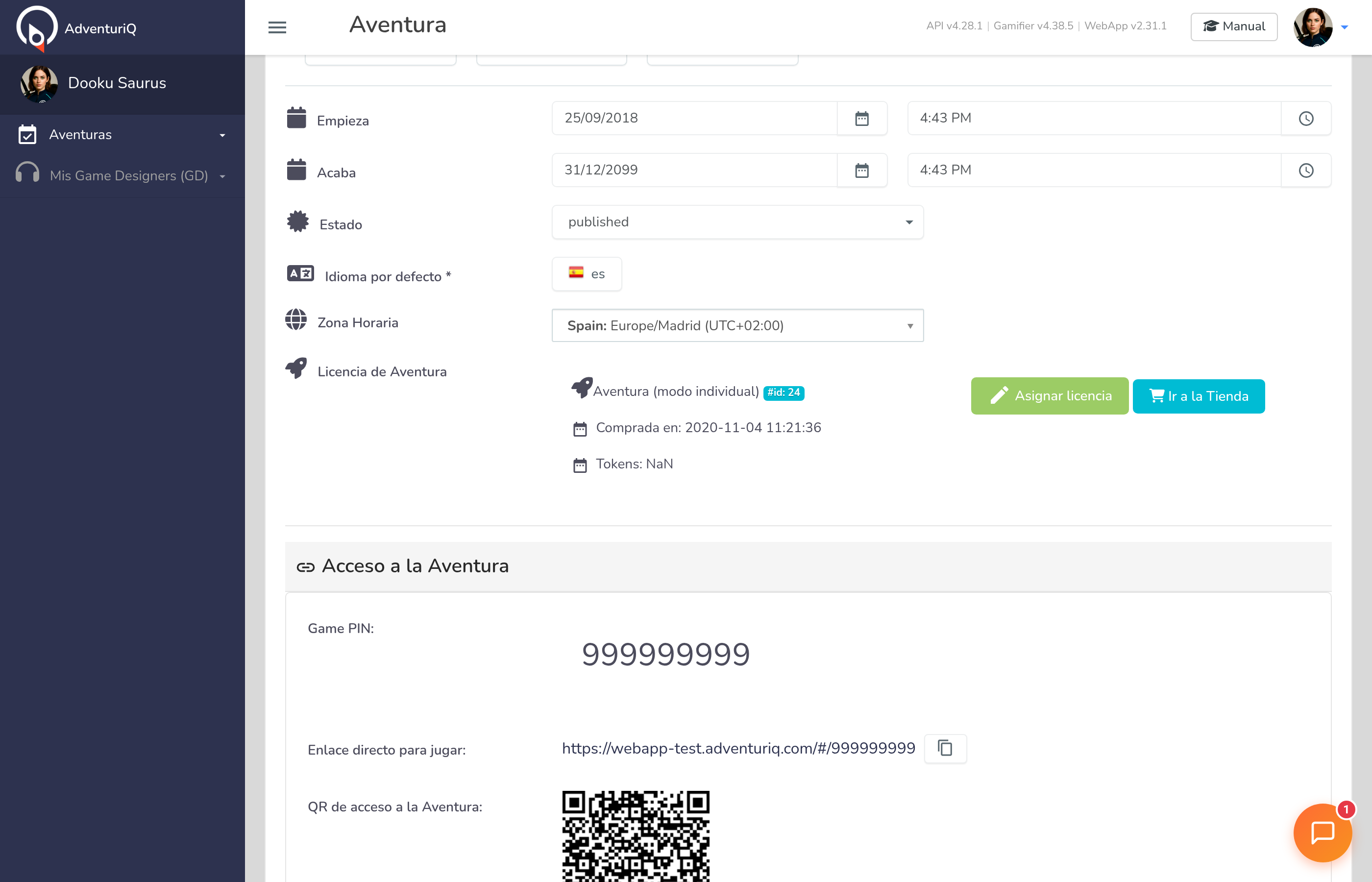 Campos de configuración general — fechas, estado, idioma, zona horaria y licencia