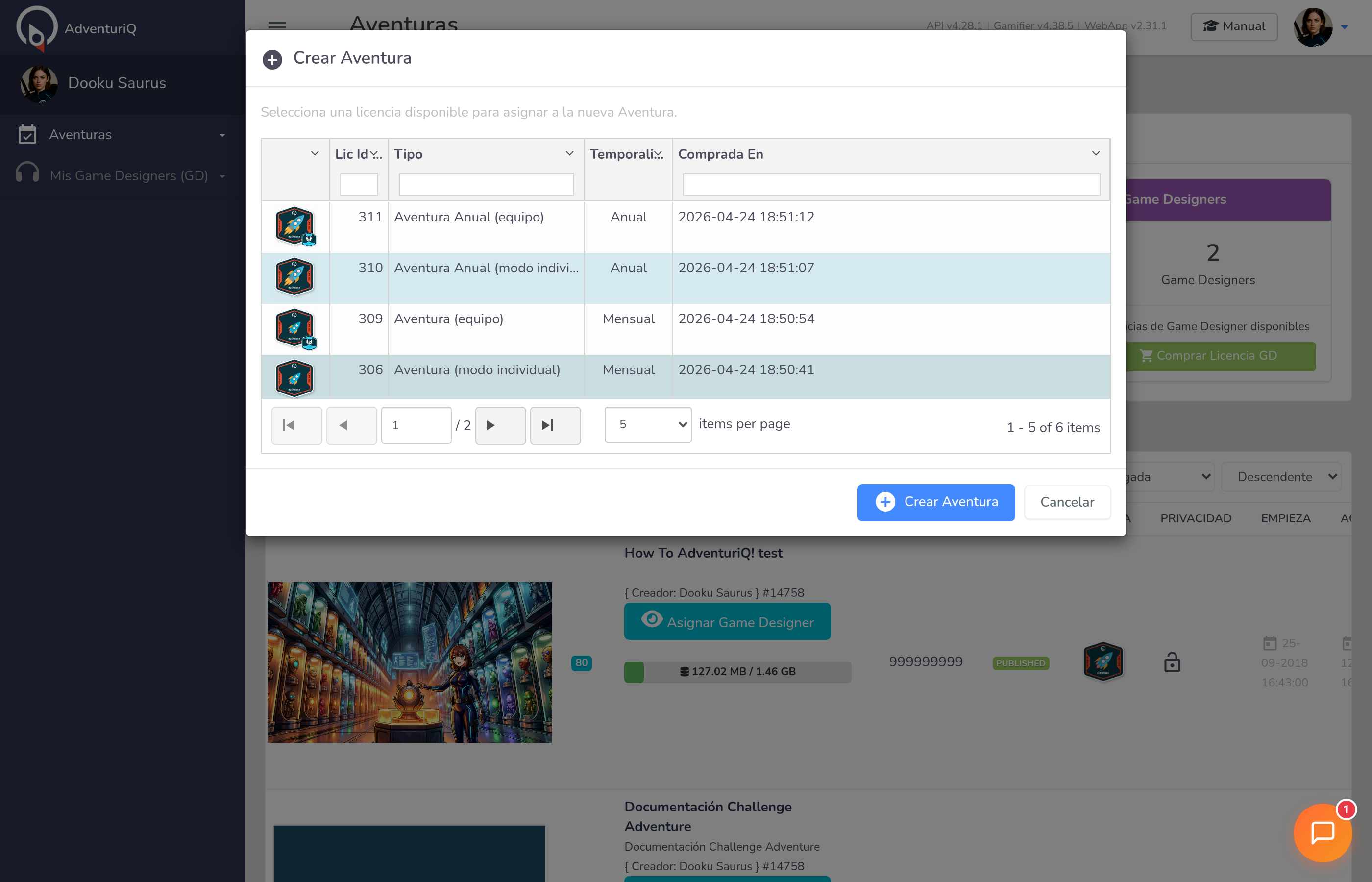 Modal de selección de licencia mostrando las licencias disponibles con columnas de ID, Tipo, Temporalidad y fecha de compra