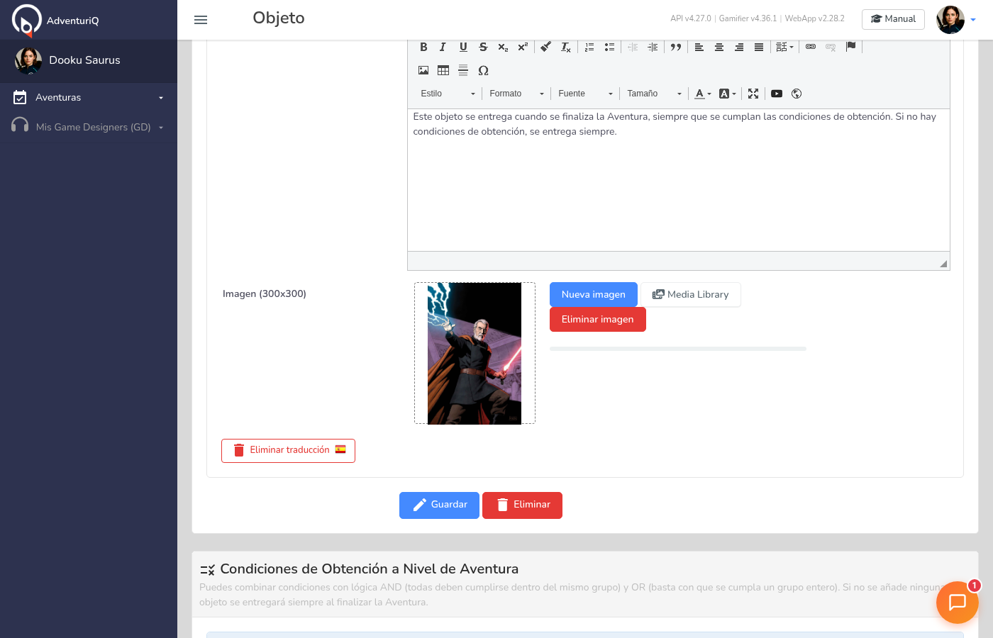 Parte inferior del editor mostrando la previsualización de la imagen, los botones de gestión multimedia, y los botones Guardar y Eliminar