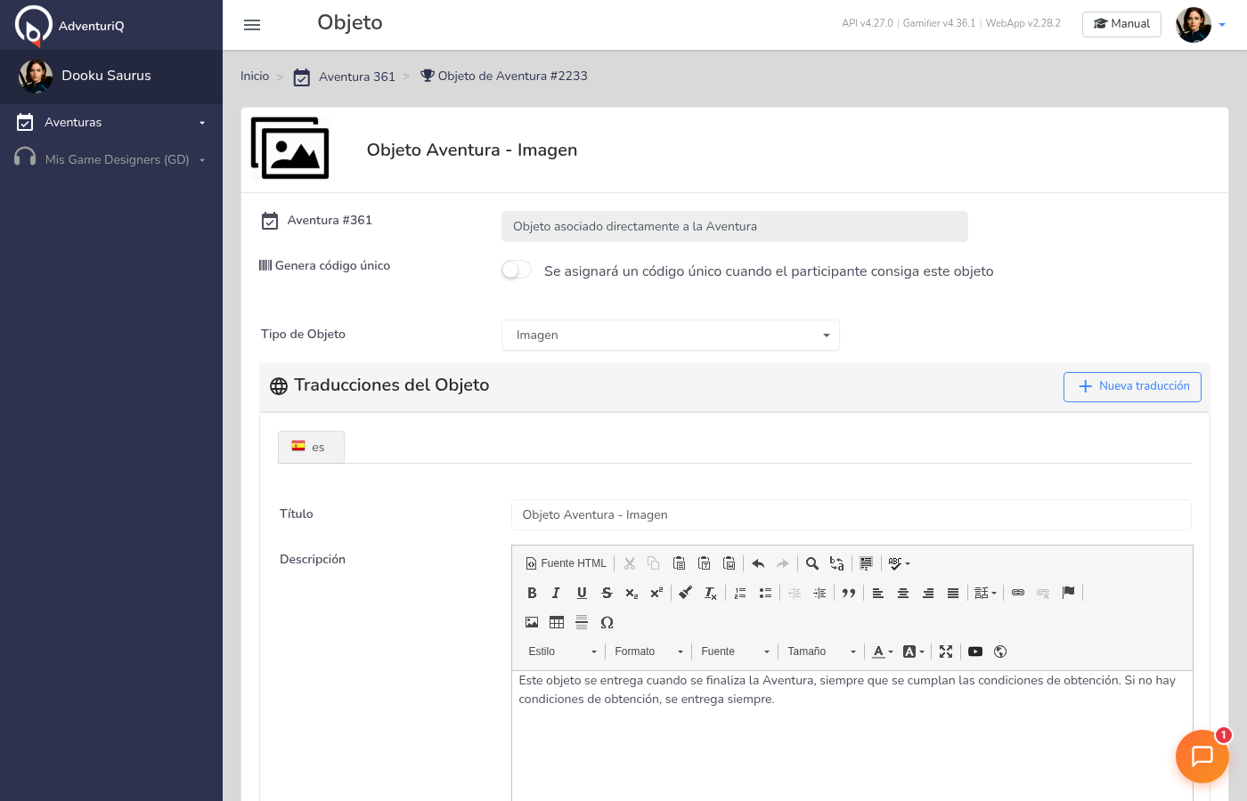Editor de Objeto Digital mostrando los campos de configuración: Aventura asociada, código único, tipo de objeto y traducciones