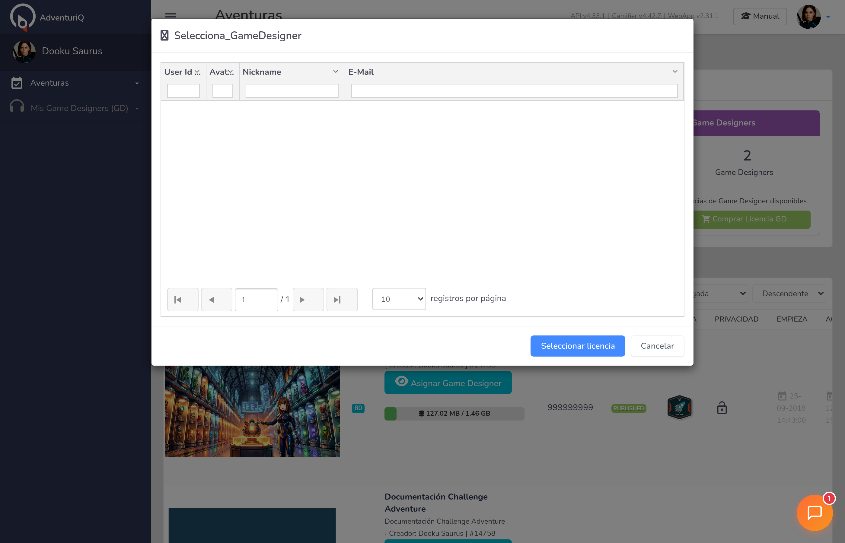 Modal de asignación de Game Designer — listado de GDs disponibles con opción de seleccionar y asignar a la Aventura