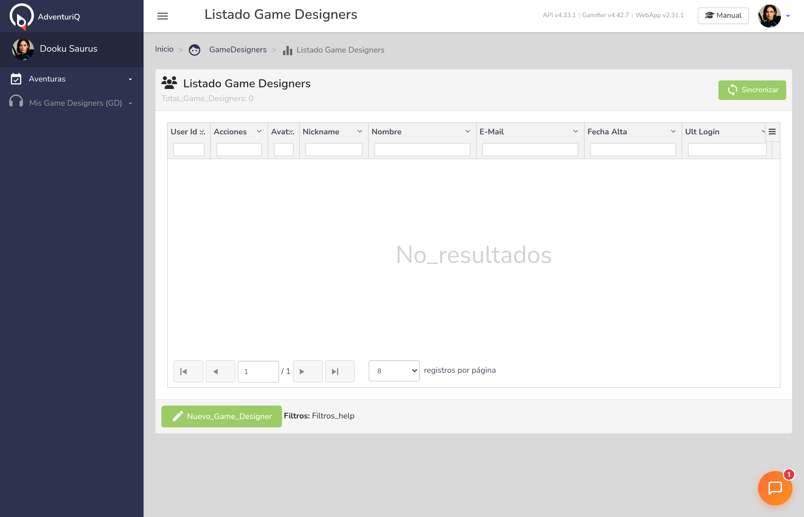 Listado de Game Designers en el Gamifier — tabla con los GDs vinculados al Game Master, botón Nuevo y Sincronizar