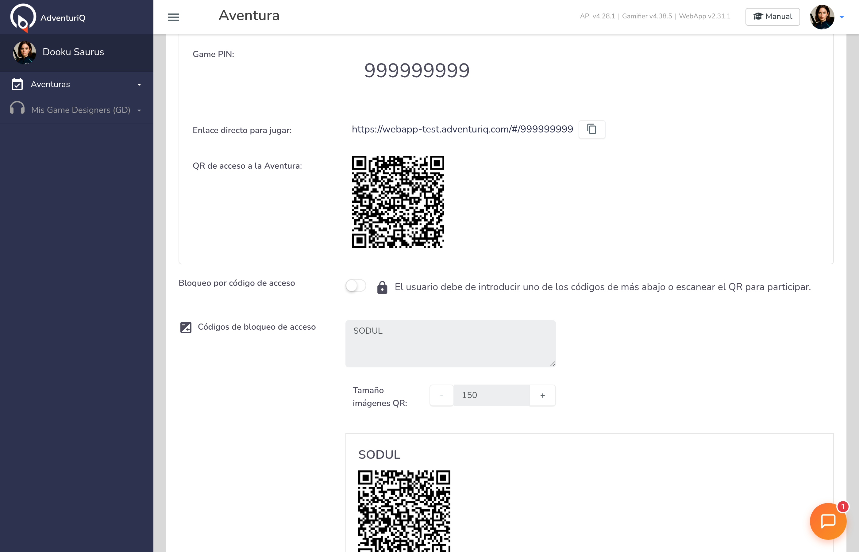 Sección Acceso a la Aventura — Game PIN, enlace directo, código QR y bloqueo por código alfanumérico