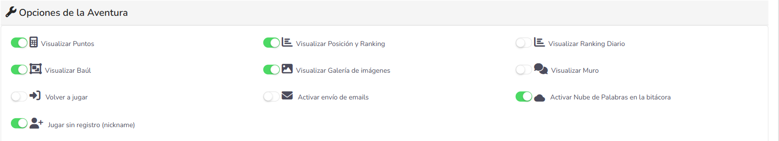 Sección Opciones de la Aventura en el Gamifier con el interruptor "Jugar sin registro (nickname)" activado