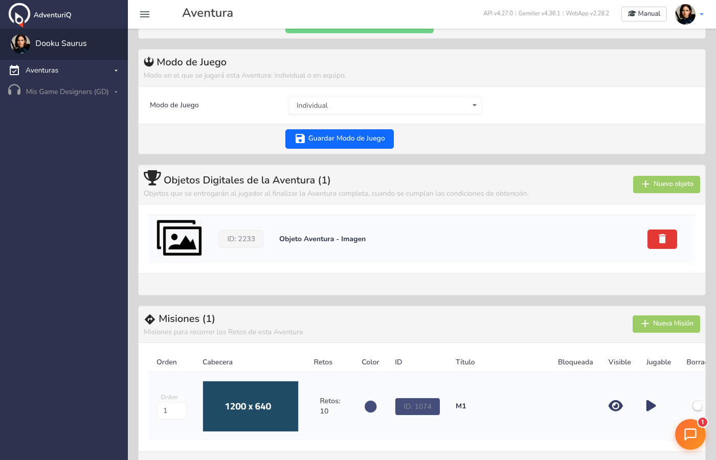 Sección de Objetos Digitales dentro de la vista de una Aventura, mostrando el listado con un Objeto Digital creado y el botón para añadir uno nuevo