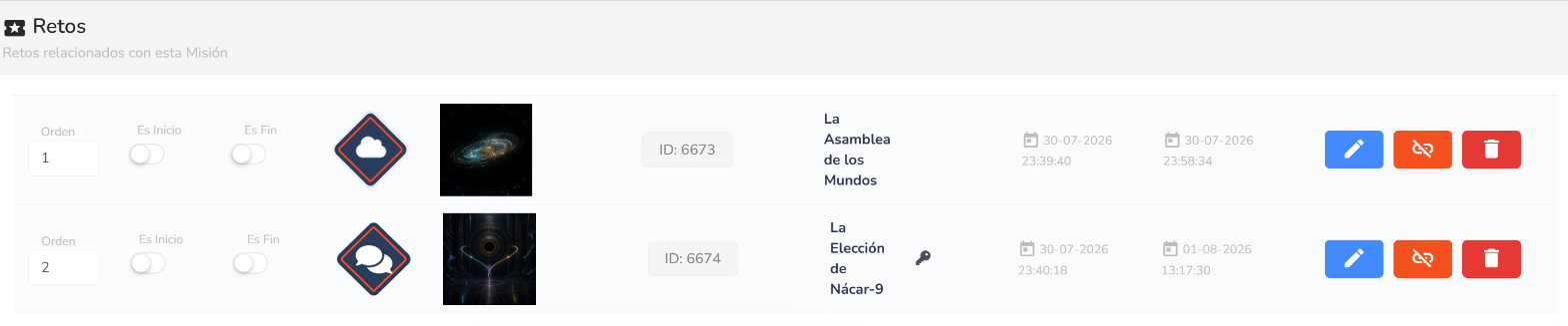 Listado de Retos dentro de una Misión — el segundo Reto muestra el icono de llave junto al título