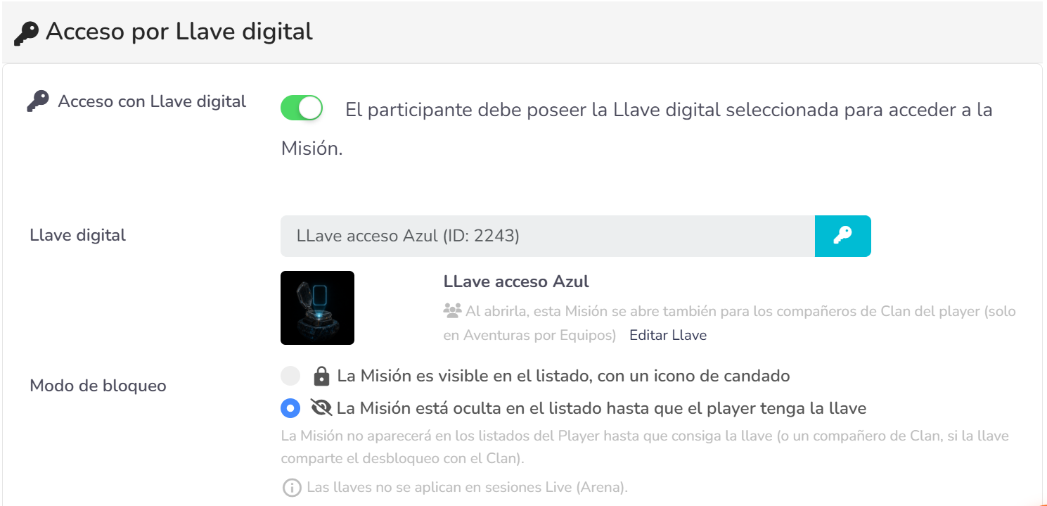 Bloque Acceso por Llave digital en el editor de una Misión, con la llave seleccionada y los dos modos de bloqueo