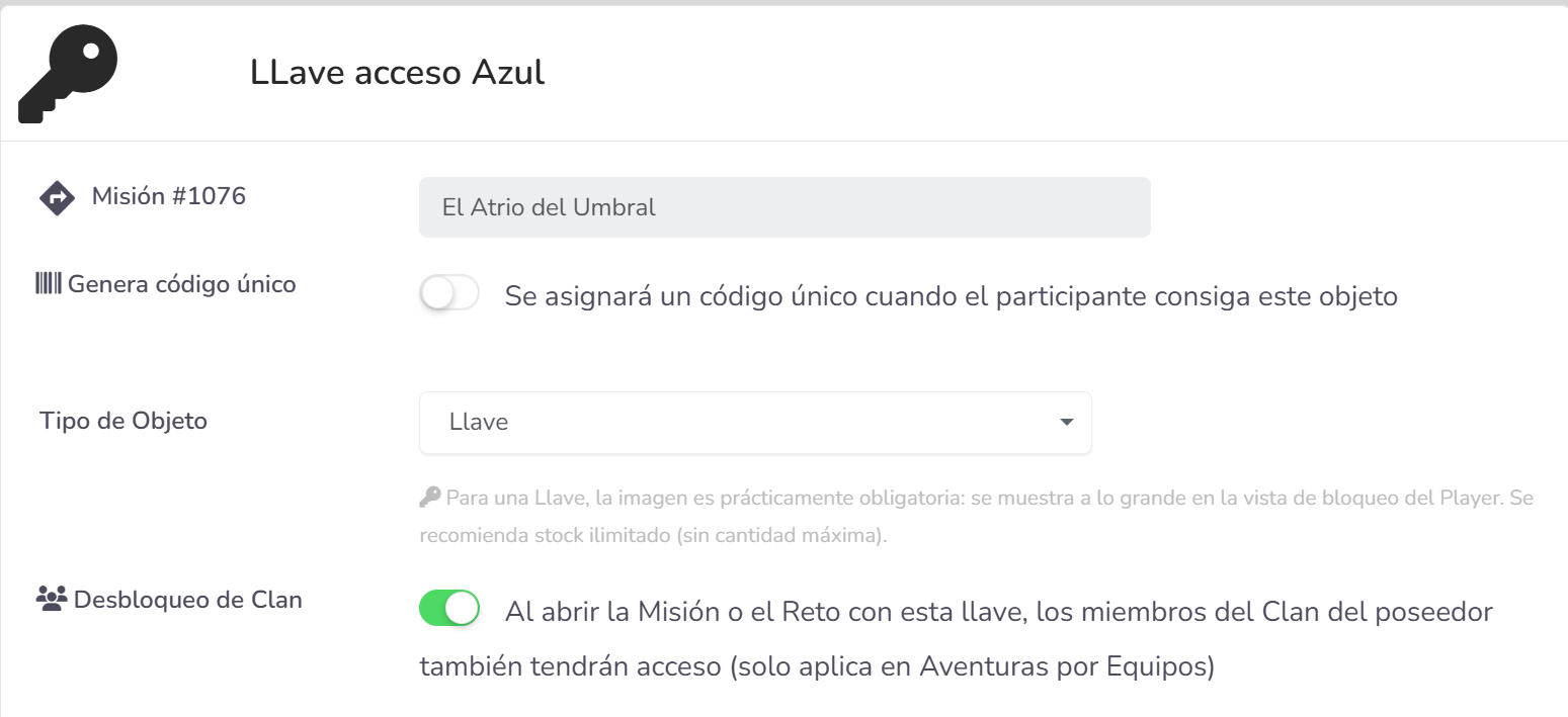 Editor de un Objeto Digital de tipo Llave en el Gamifier, con el campo Tipo de Objeto y el toggle de Desbloqueo de Clan