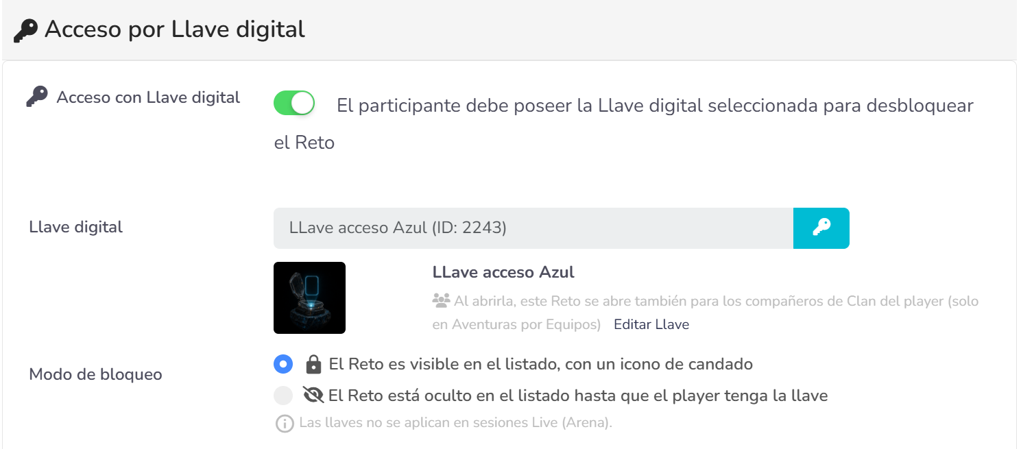 Bloque Acceso por Llave digital en el editor de un Reto