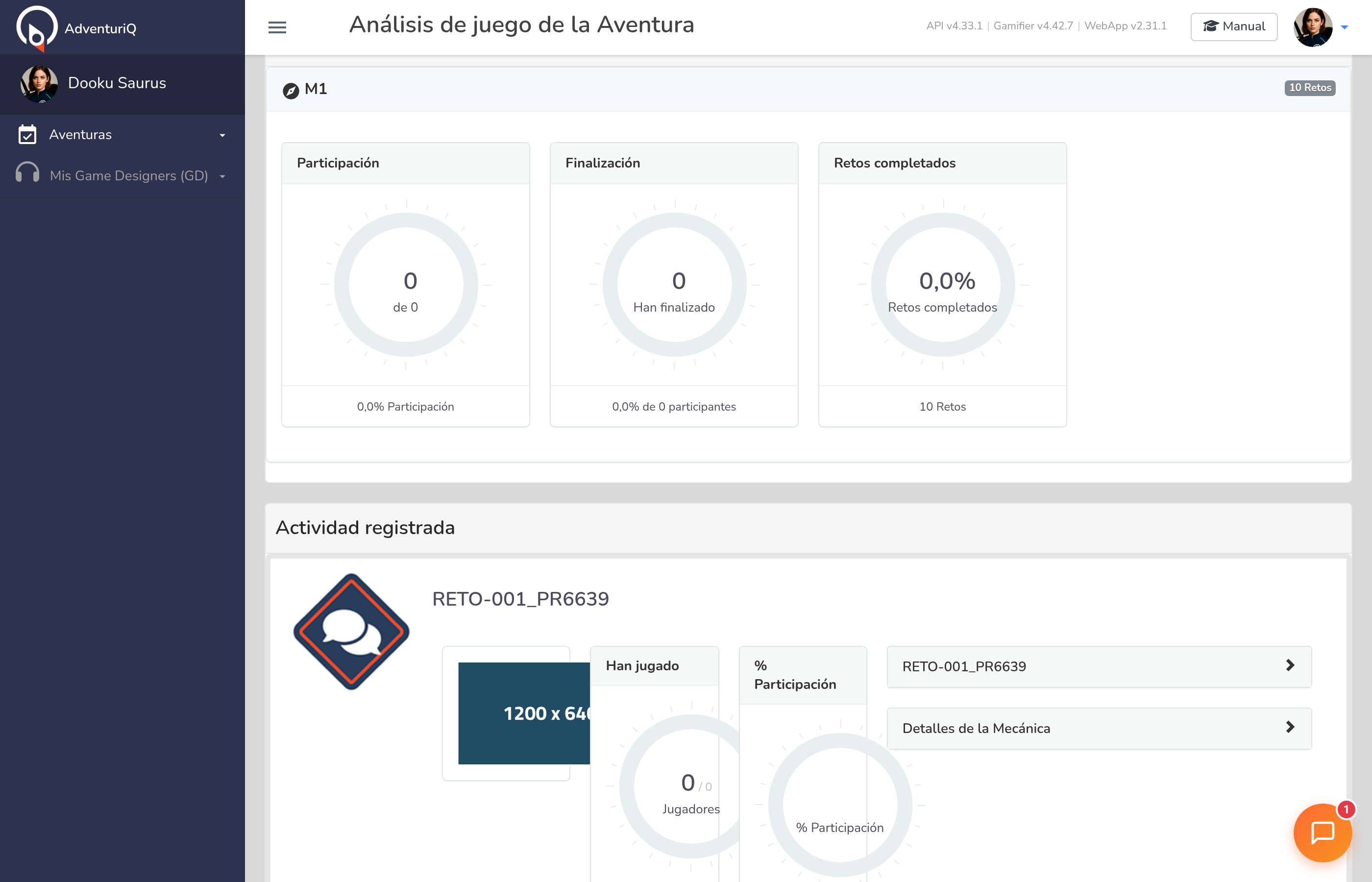 Estadísticas por Misión — tarjetas con participación, finalización y ratio de Retos completados por cada Misión