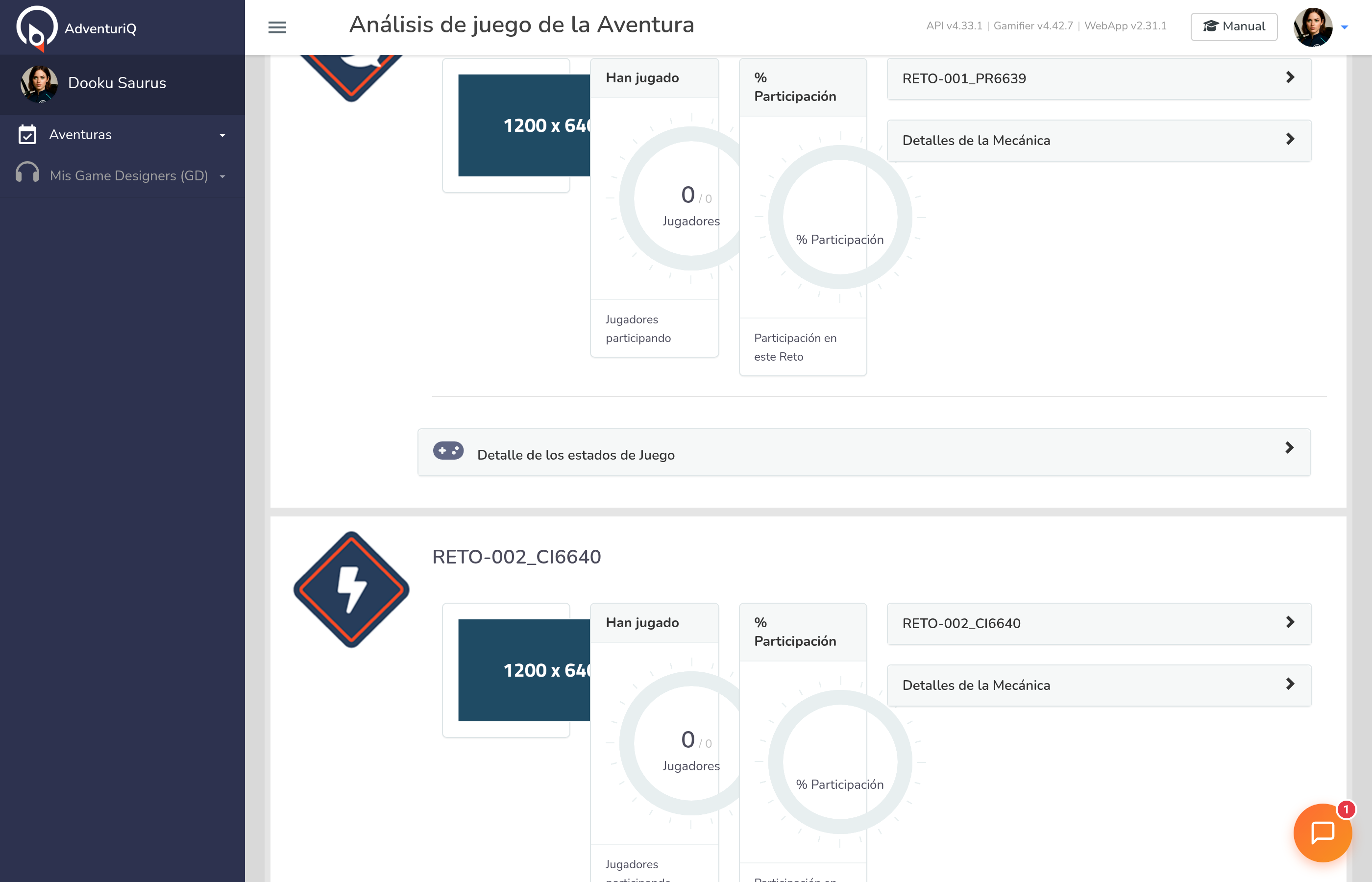 Detalle de actividad por Reto — participación, mecánica y estados de juego de cada Reto individual