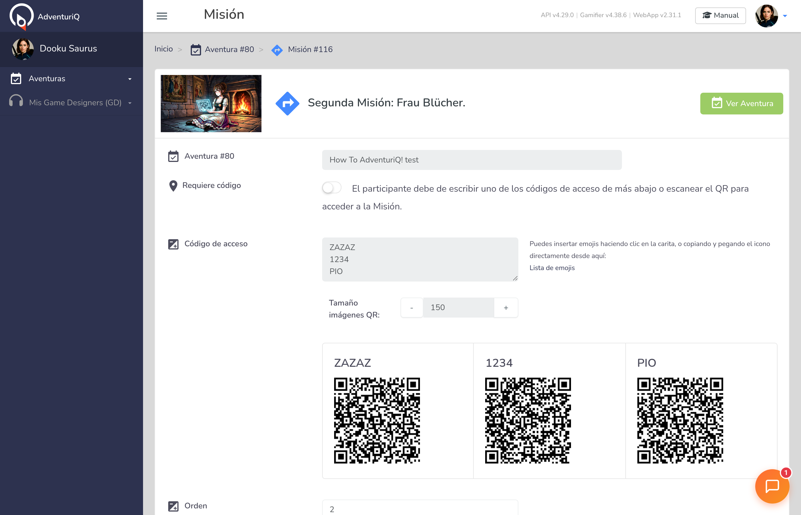 Formulario de edición de una Misión — cabecera con imagen y nombre, campos de configuración general, códigos de acceso con QR