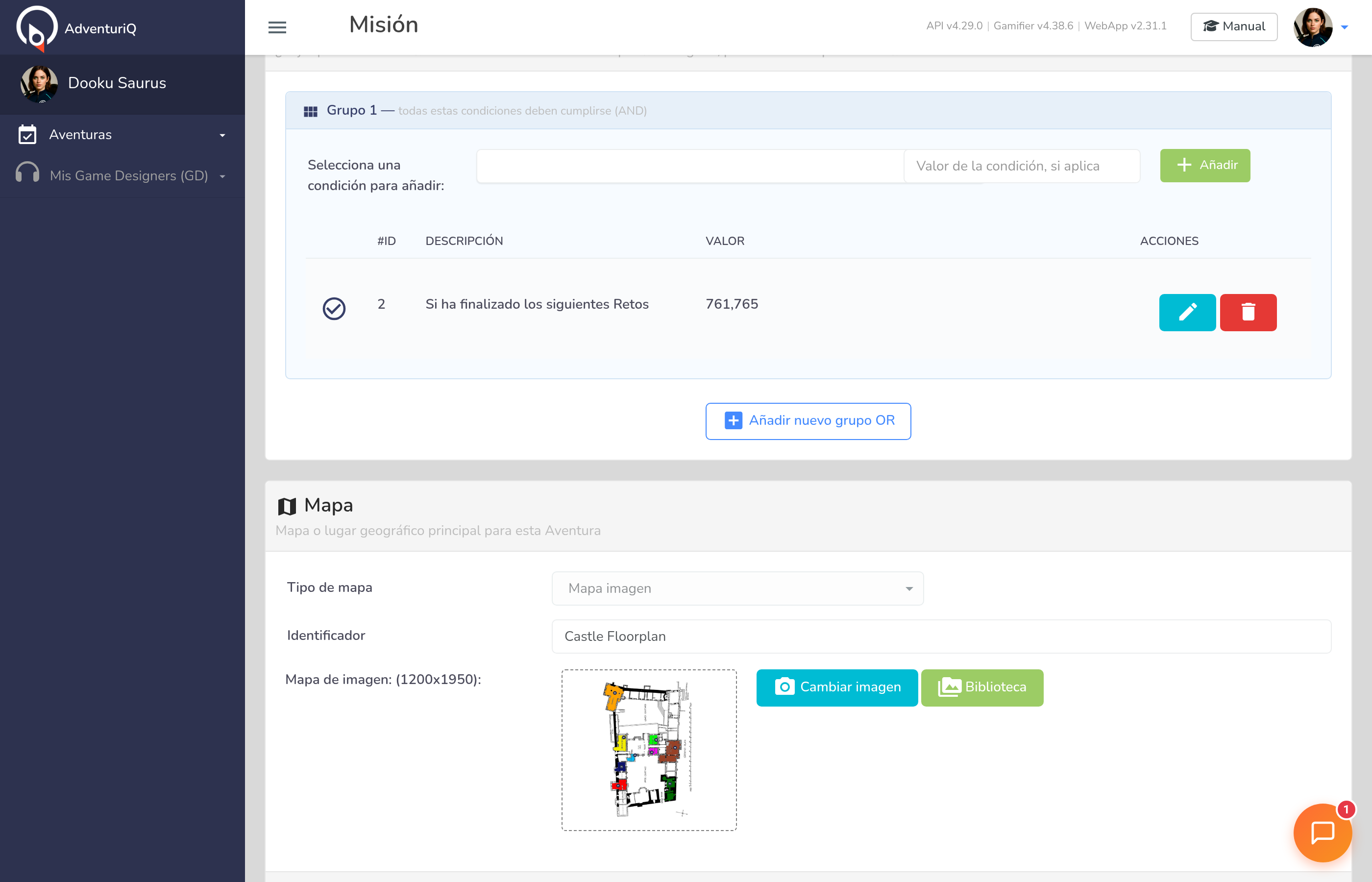 Condiciones de Finalización — Grupo AND con condición configurada y botón para añadir nuevo grupo OR