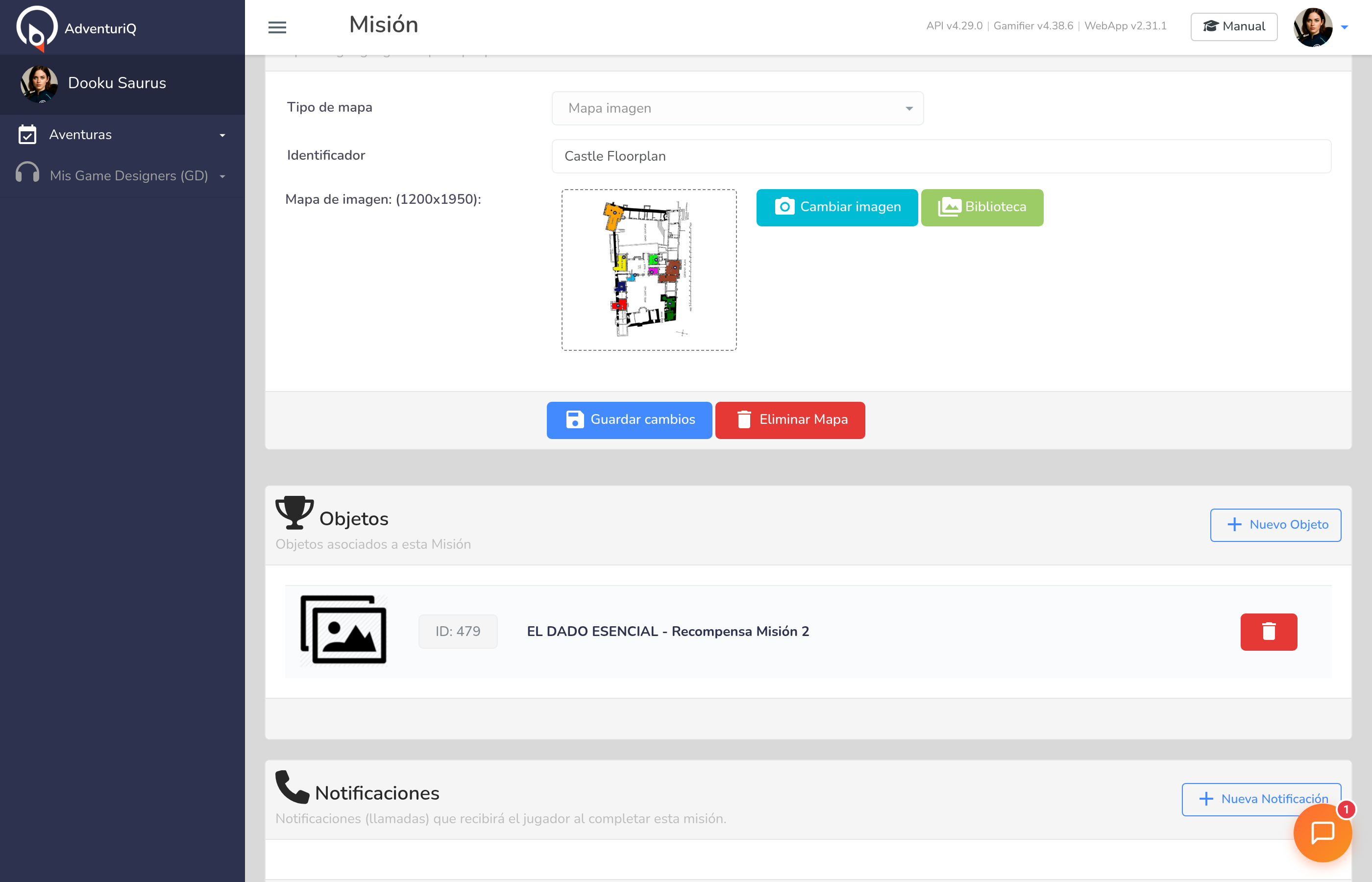 Configuración del mapa de la Misión — tipo de mapa, identificador, mapa imagen con botones de cambiar imagen y biblioteca