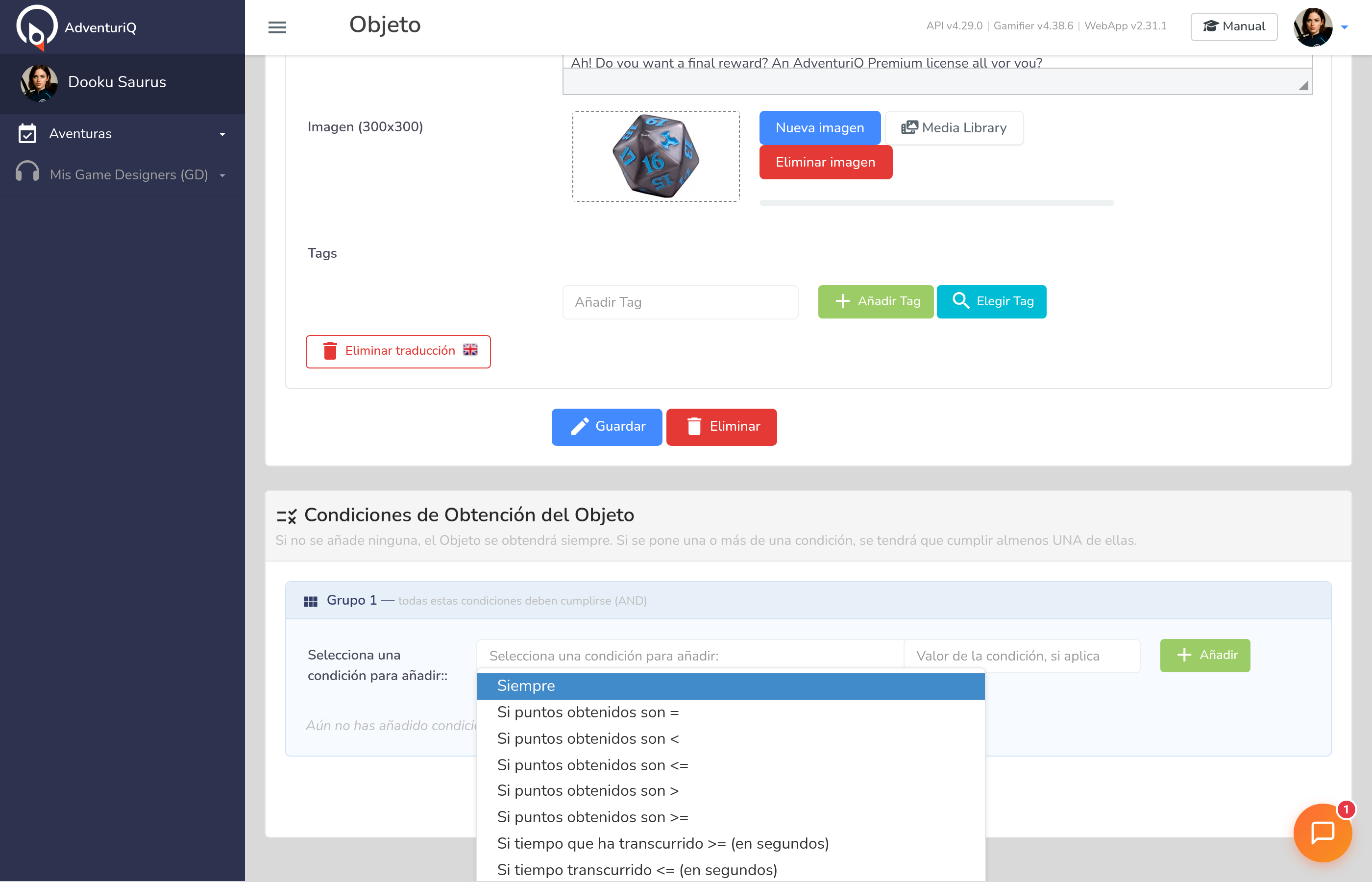 Desplegable de condiciones disponibles a nivel de Misión — 10 tipos de condición