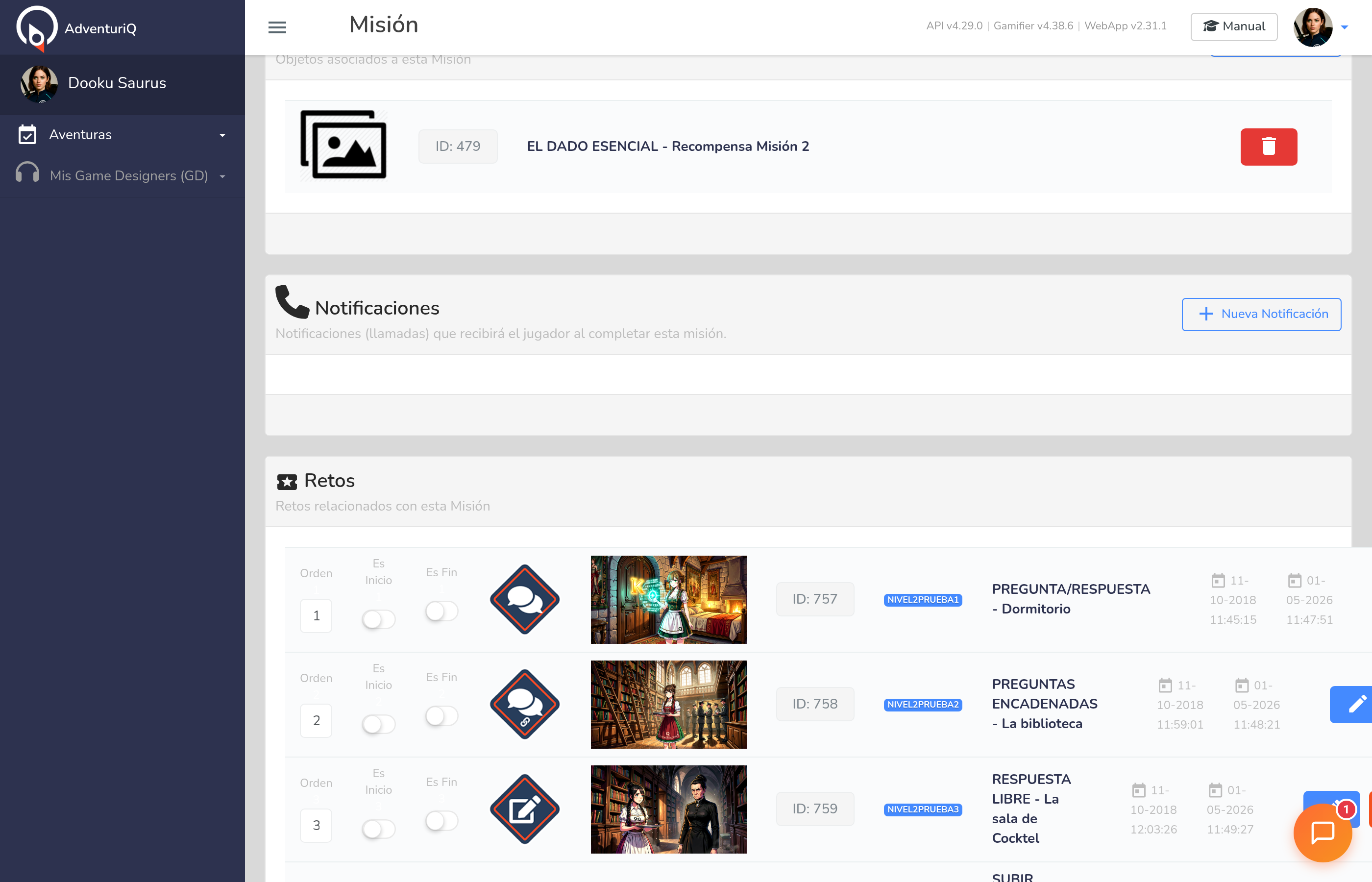 Sección Objetos de la Misión — objeto asociado con ID, nombre e imagen, botones de nuevo objeto y eliminar