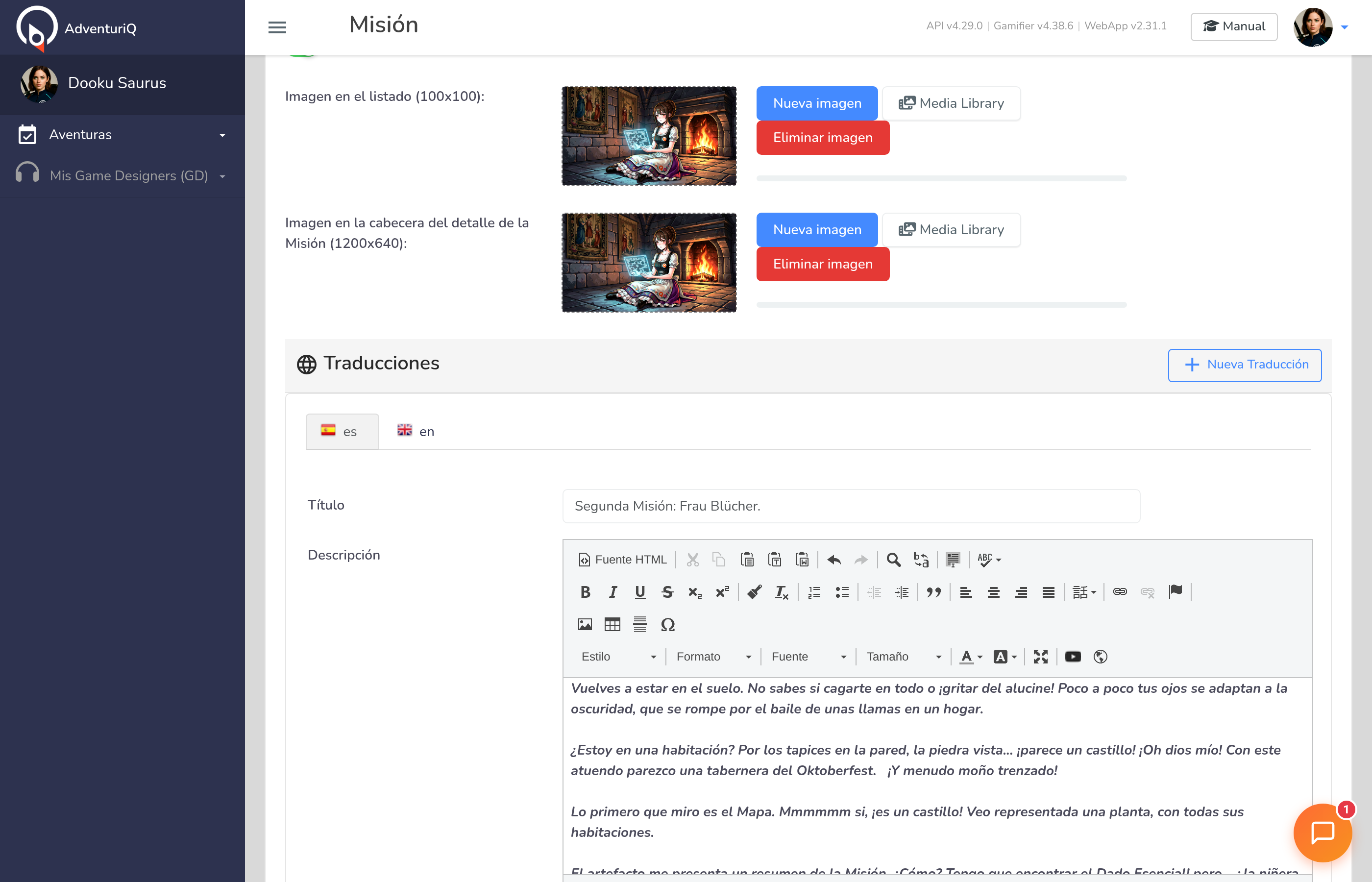 Sección Traducciones — pestañas de idioma, campos de título, descripción con editor HTML, audio y vídeo YouTube