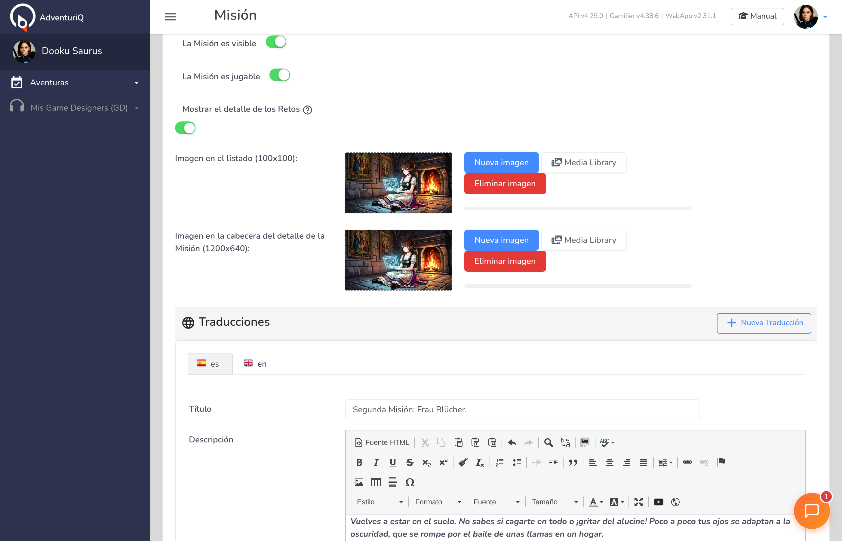 Controles de visibilidad y jugabilidad — toggles de visible, jugable, detalle de retos, imágenes de listado y cabecera