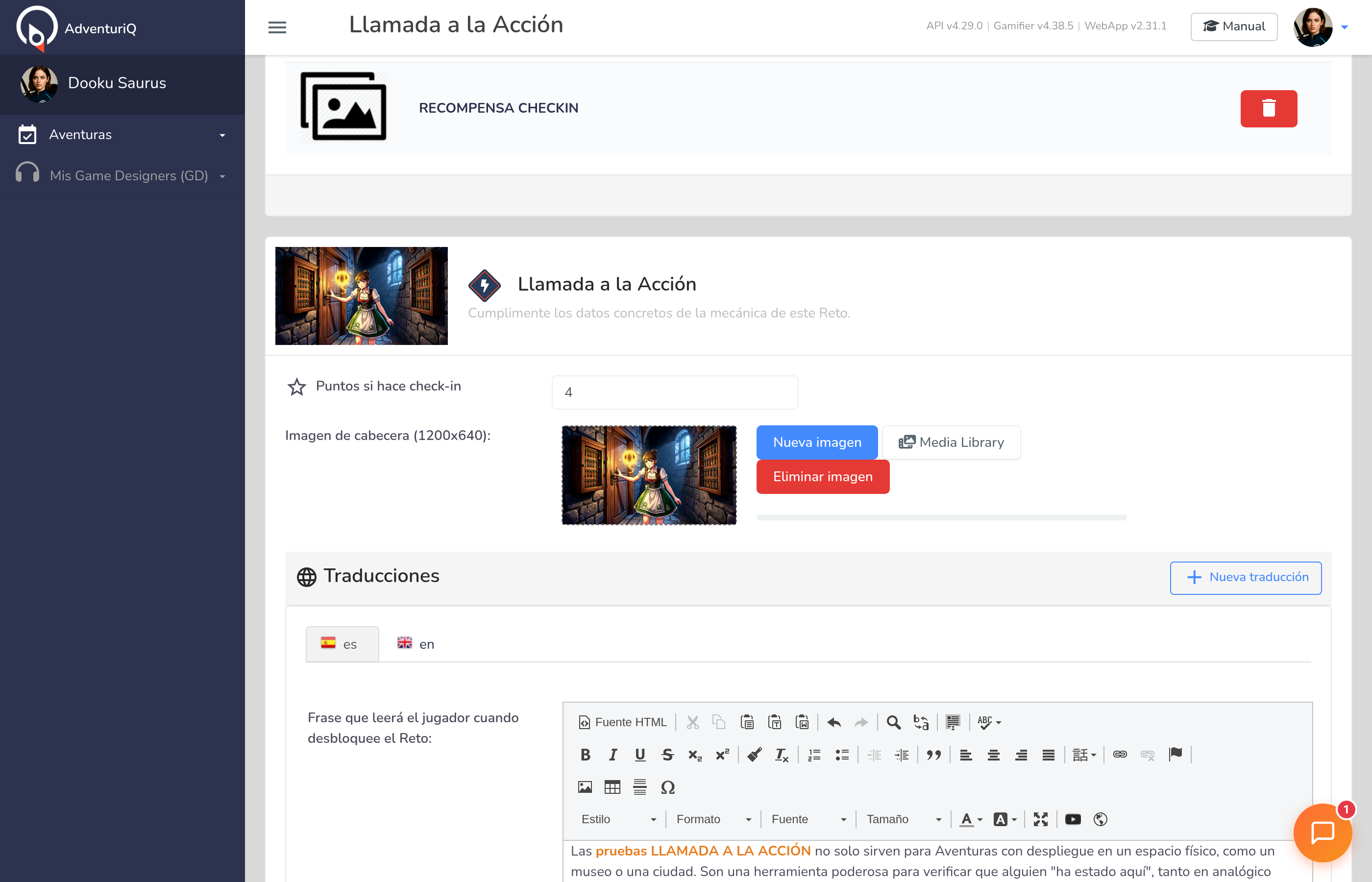 Formulario de edición de un Reto Llamada a la Acción — puntos, imagen de cabecera y editor HTML con frase enriquecida