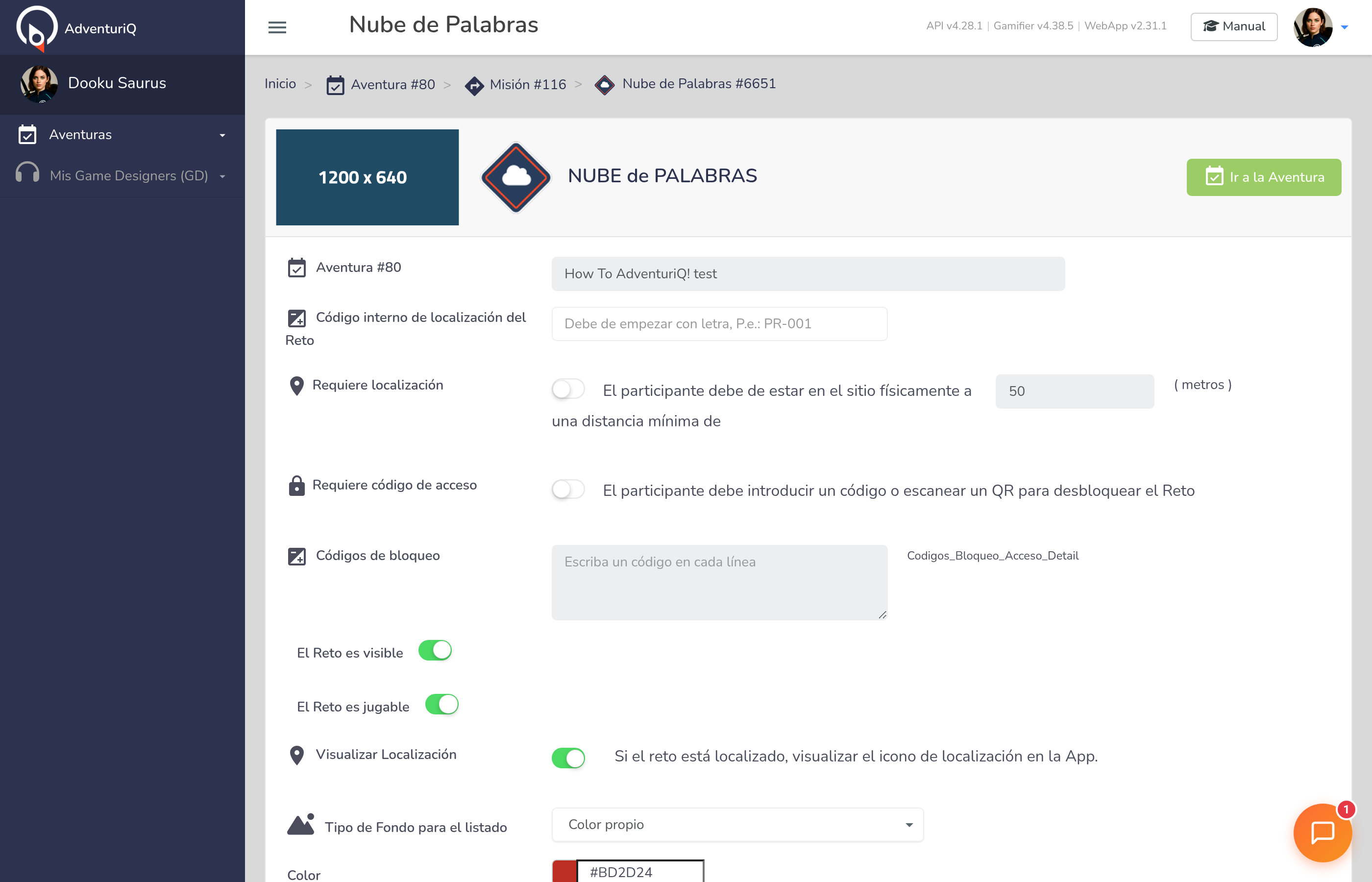 Formulario de edición de un Reto Nube de Palabras — breadcrumb de navegación, campos de visibilidad, localización, color del fondo y traducciones por idioma