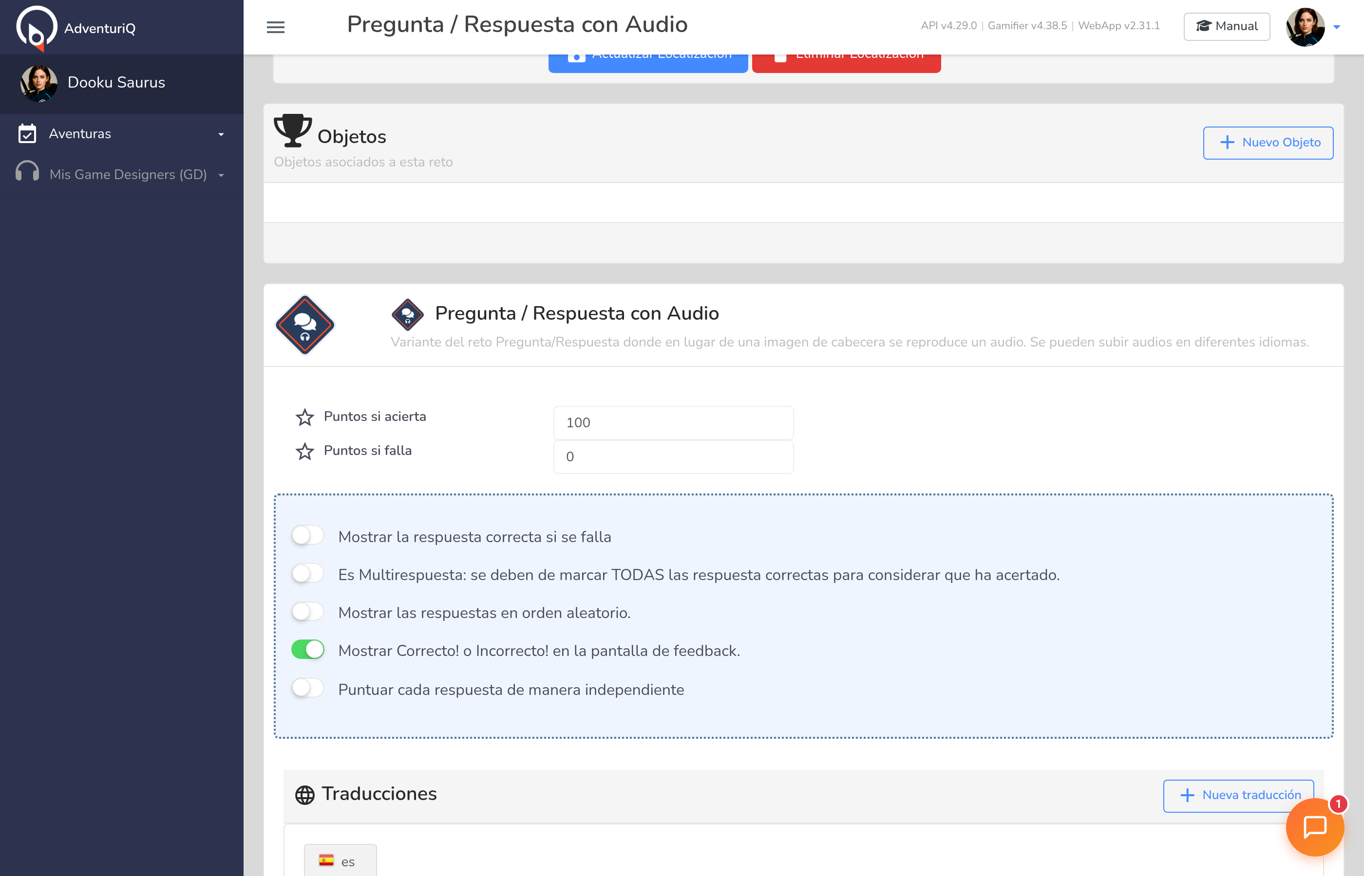Formulario de edición de un Reto Pregunta/Respuesta con Audio — bloque de subida de audio por idioma, pregunta y opciones de respuesta