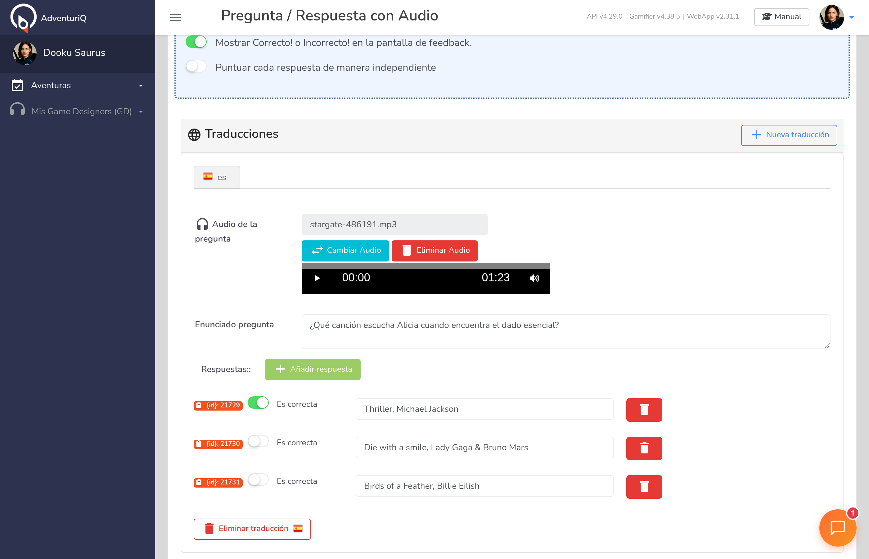 Previsualización del audio subido dentro del editor — reproductor integrado con los controles de play y la duración del archivo