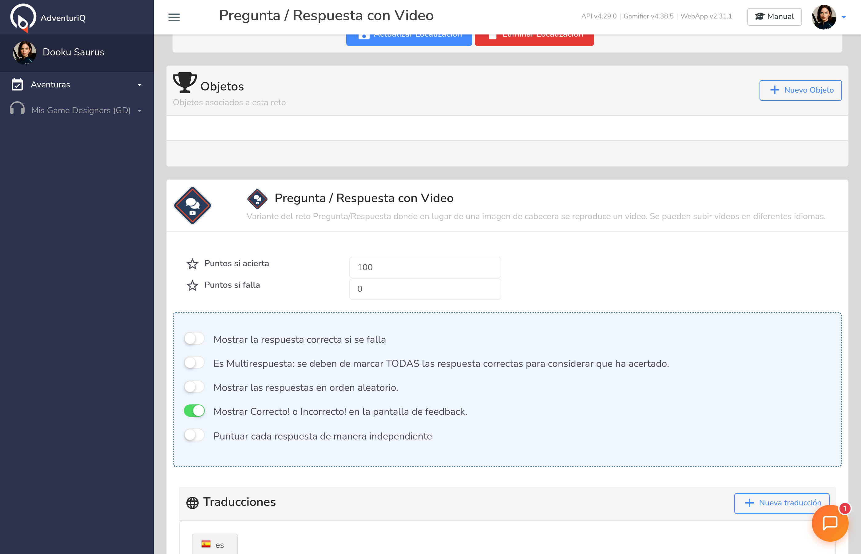 Formulario de edición de un Reto Pregunta/Respuesta con Vídeo — bloque de subida de vídeo por idioma, pregunta y opciones de respuesta