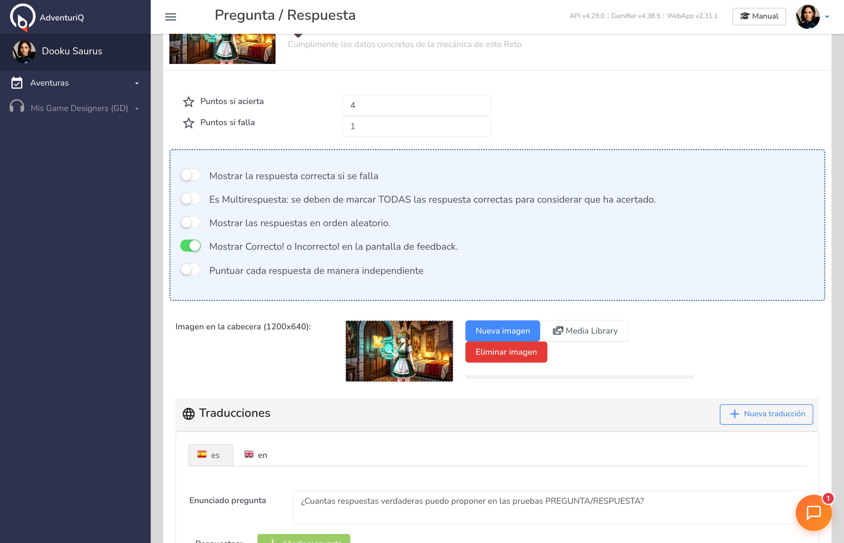 Formulario de edición de un Reto Pregunta/Respuesta — sección de mecánica con puntos, toggles y traducciones