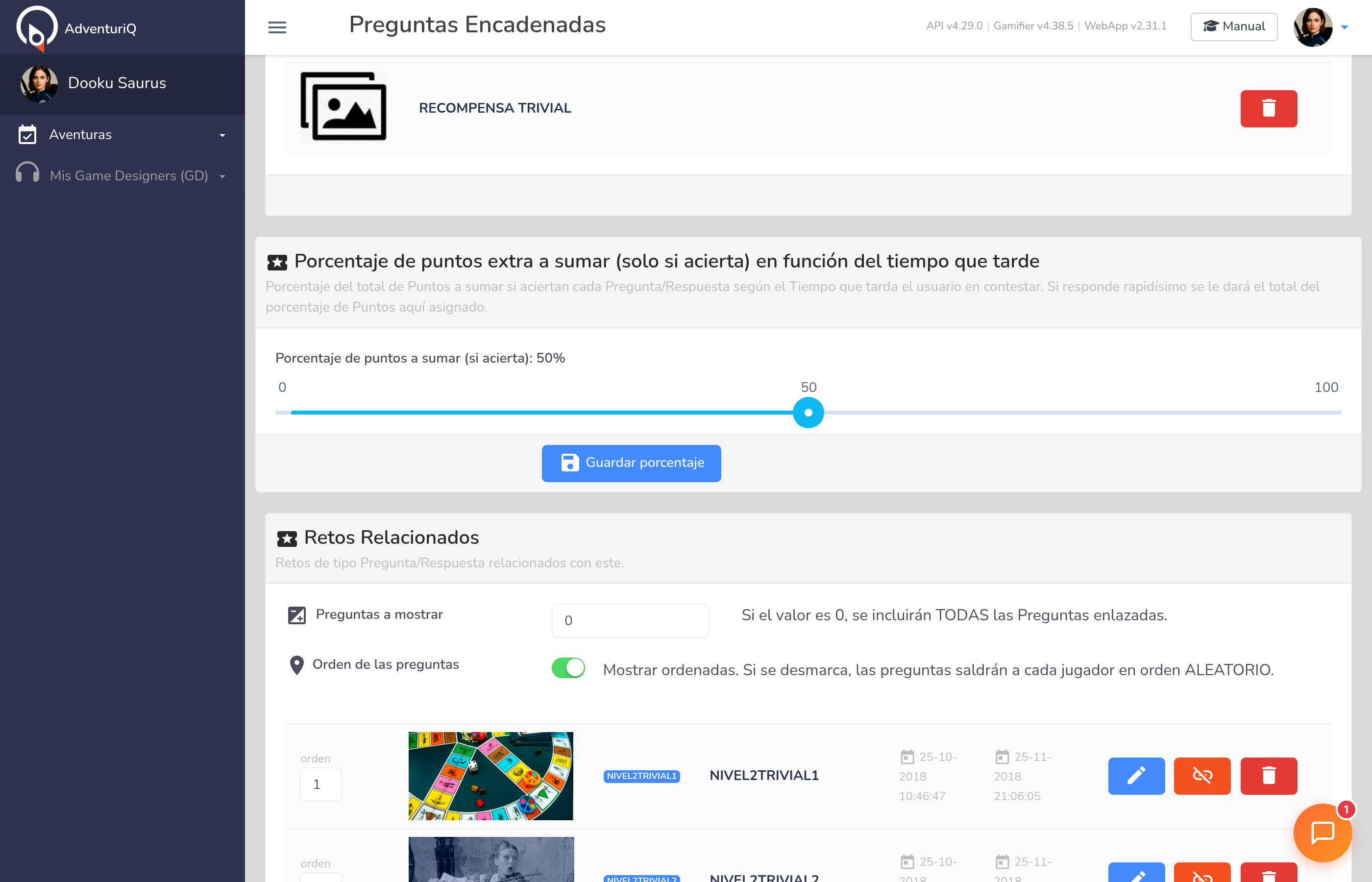 Formulario de edición de un Reto Preguntas Encadenadas — slider de porcentaje, preguntas a mostrar y retos enlazados