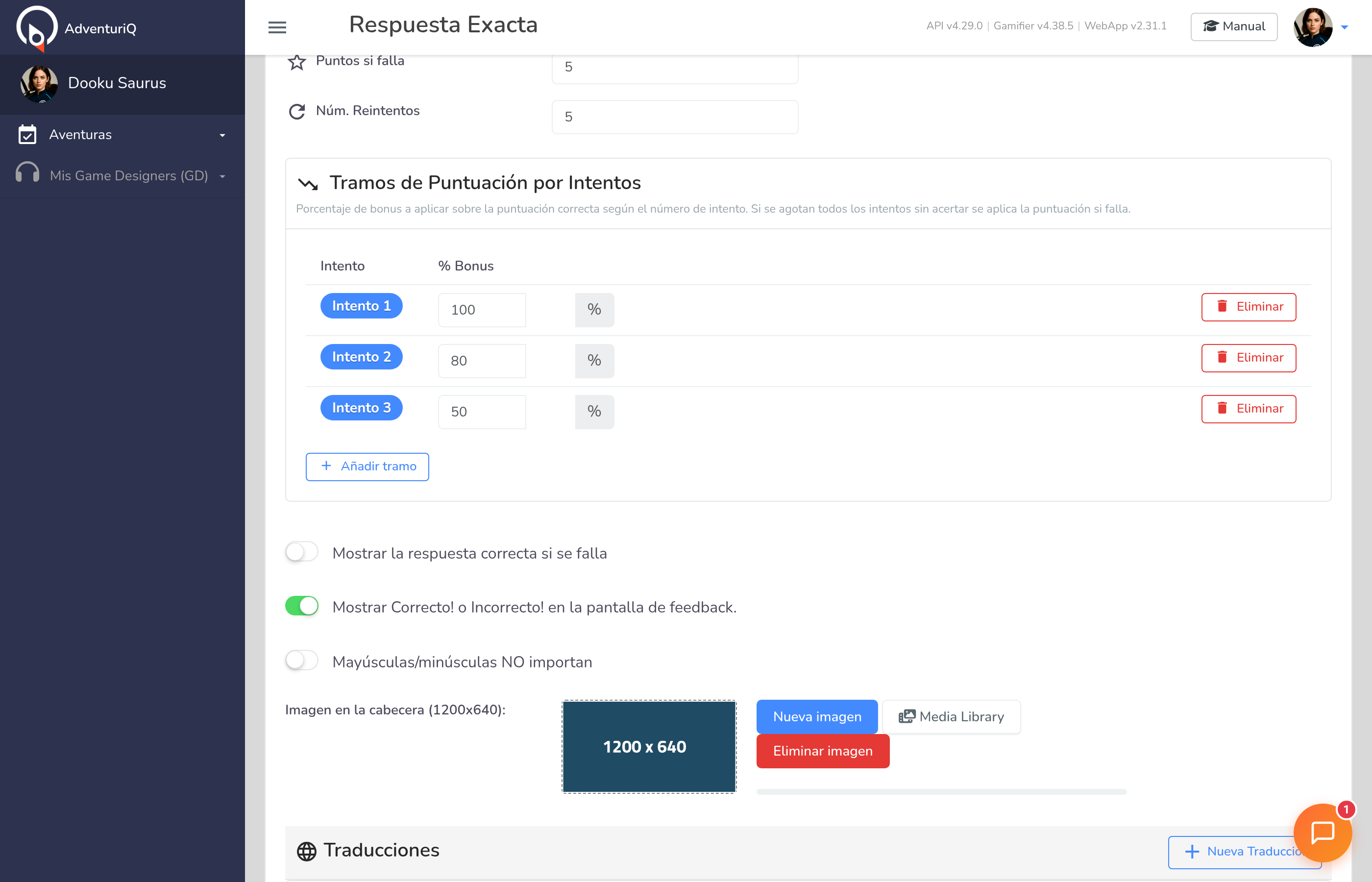 Formulario de edición de un Reto Respuesta Exacta — respuesta correcta, pregunta por idioma y configuración de reintentos