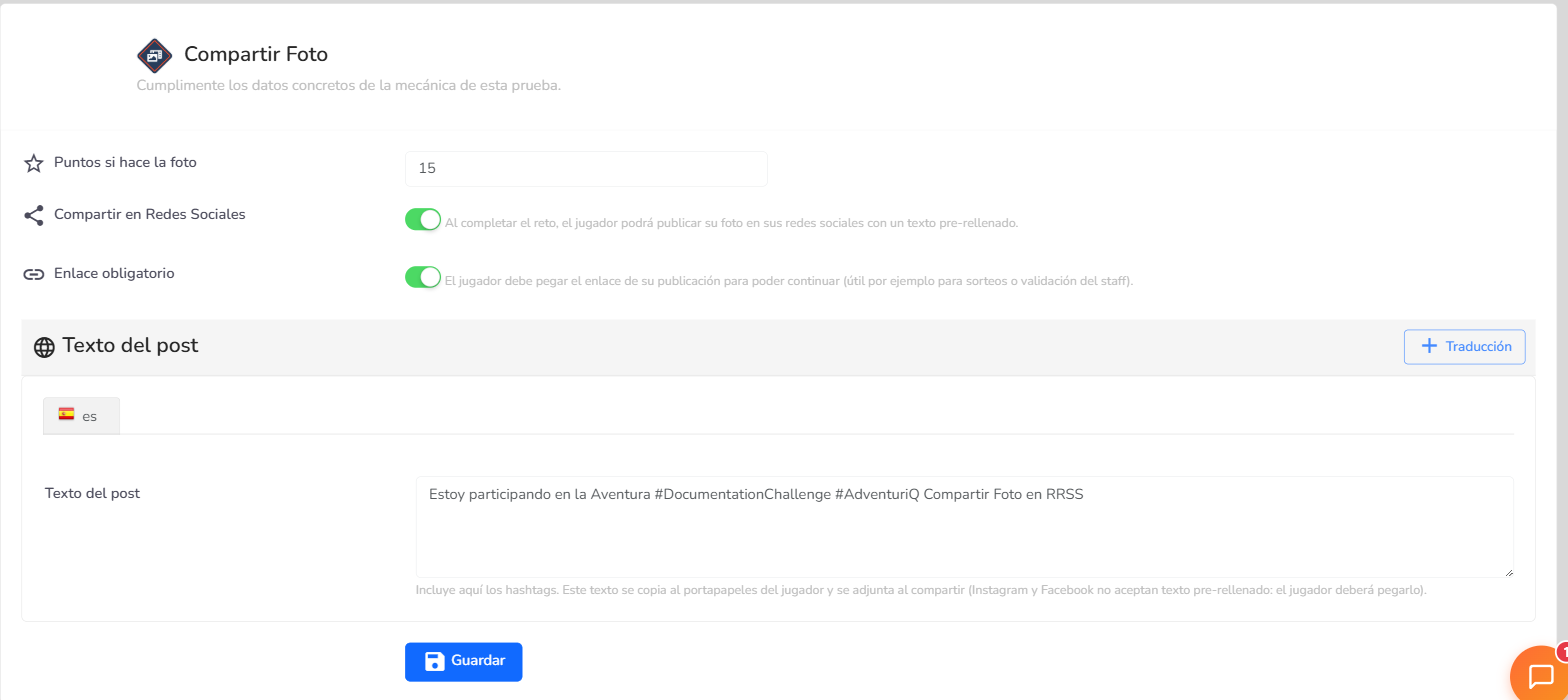 Editor del Reto Subir Foto en el Gamifier — bloque Compartir en Redes Sociales con los toggles y el texto del post por idioma