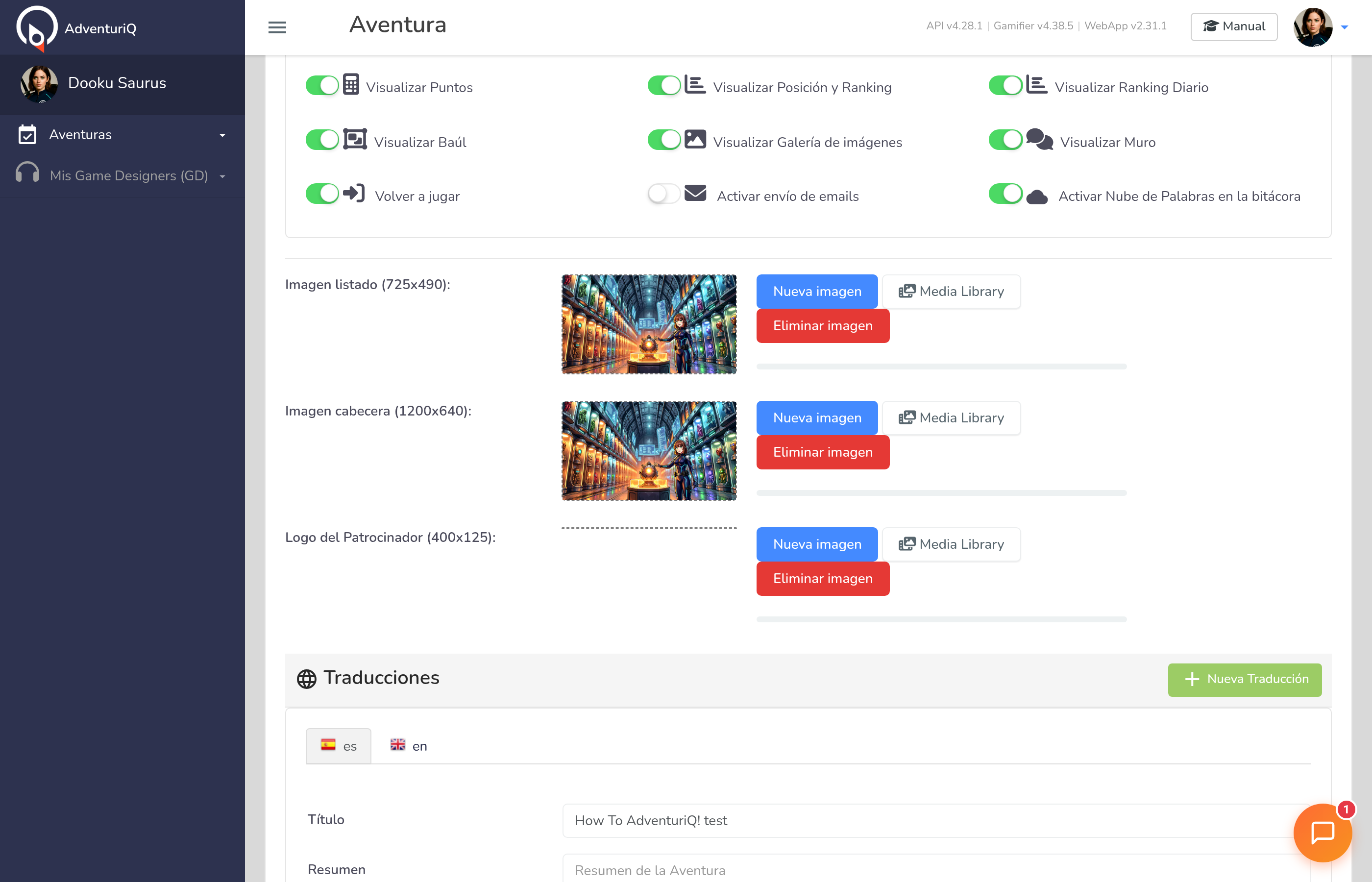 Toggles de opciones — visibilidad de Puntos, Ranking, Baúl, Galería, Muro y más