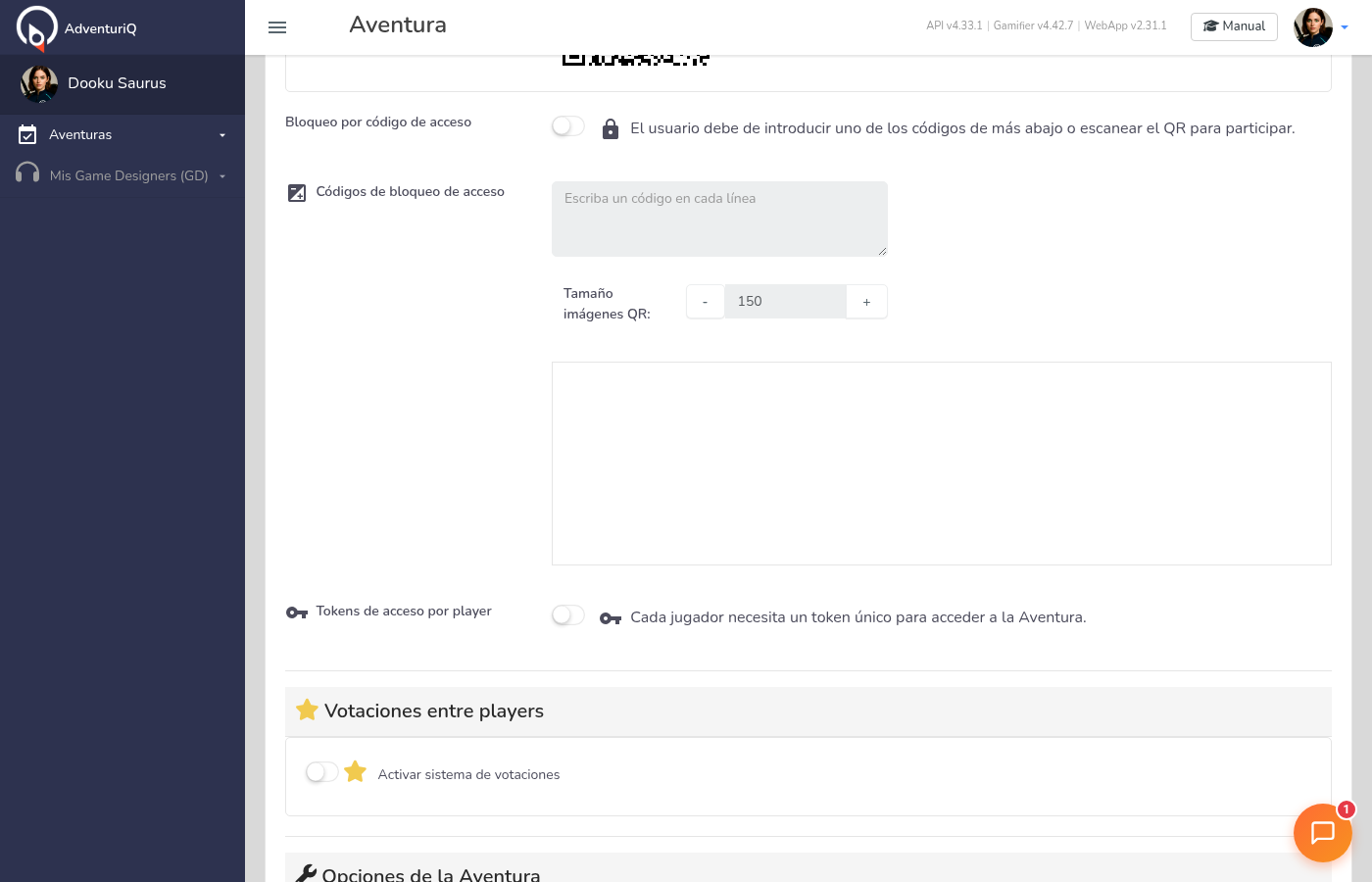 Sección de acceso en el editor de Aventura — bloqueo por código de acceso (arriba) y Tokens de acceso por player (abajo), mostrando los dos métodos mutuamente excluyentes