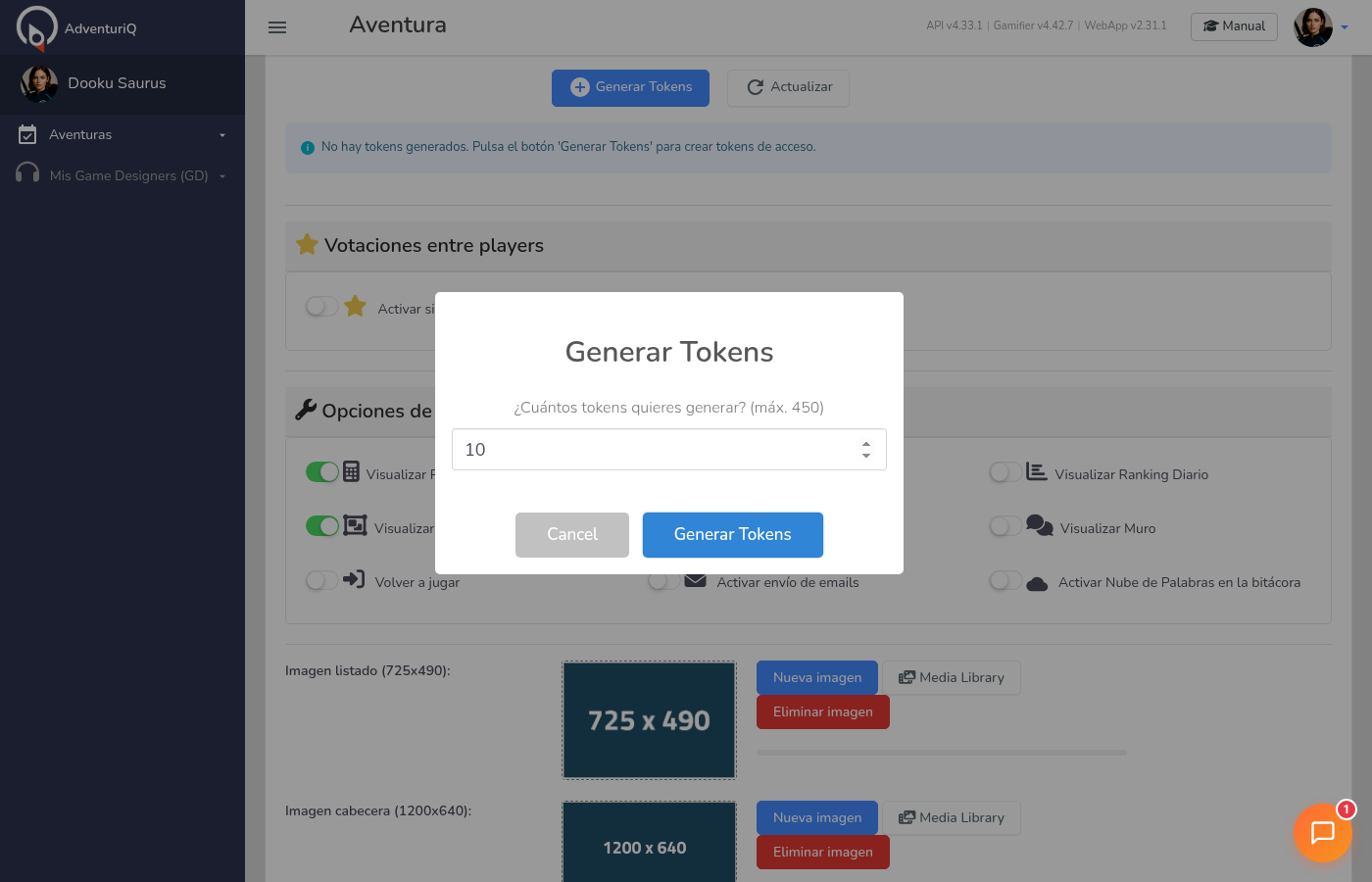 Diálogo de generación de Tokens — campo numérico con el máximo permitido según el saldo disponible del GM
