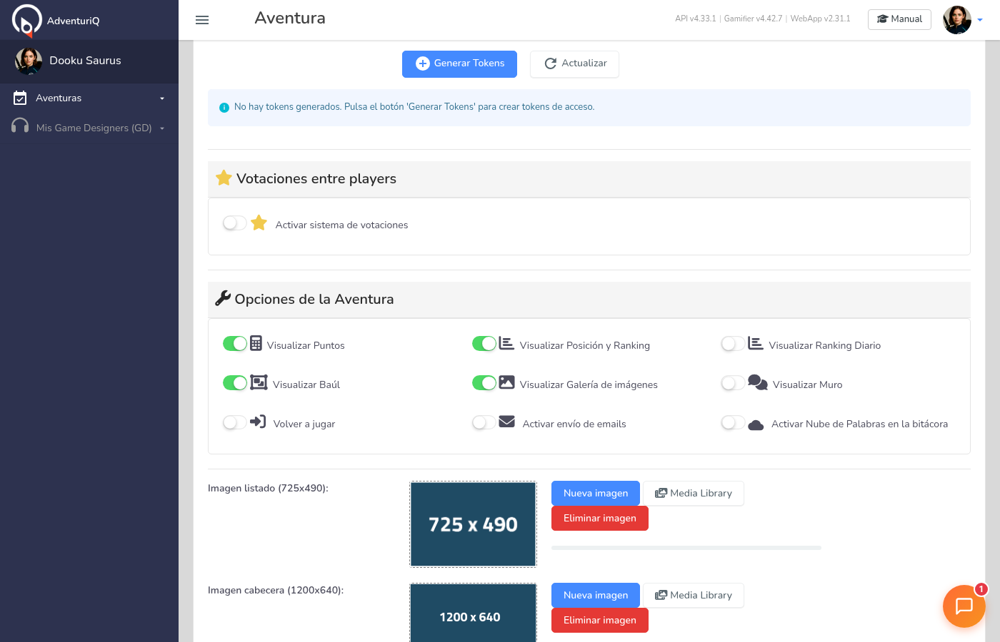 Panel de Tokens de acceso activado — botones Generar Tokens y Actualizar, mensaje indicando que no hay tokens generados