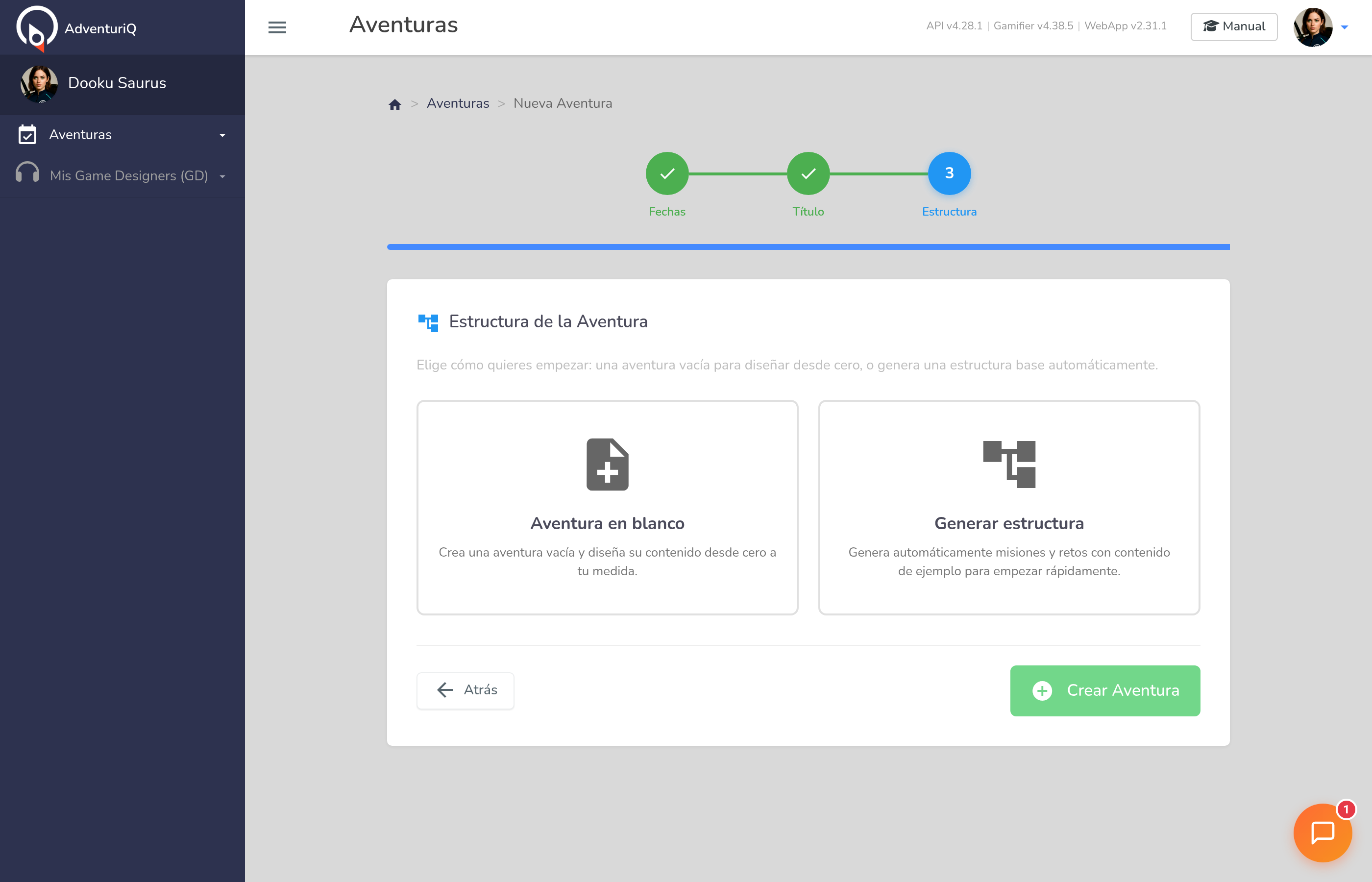 Paso 3 del asistente: Estructura de la Aventura con dos opciones — Aventura en blanco y Generar estructura