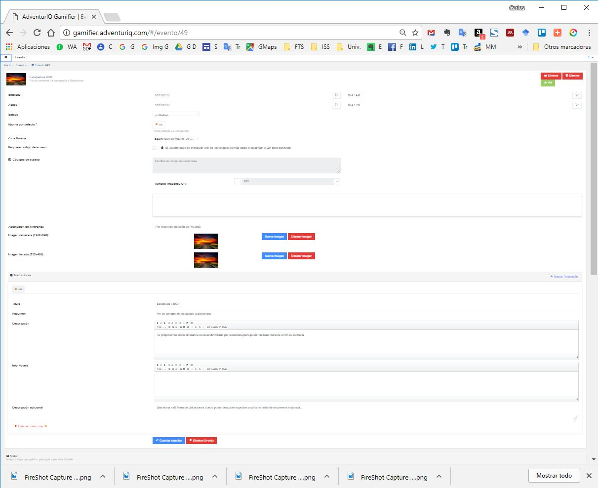 Vista del editor de aventuras en el navegador
