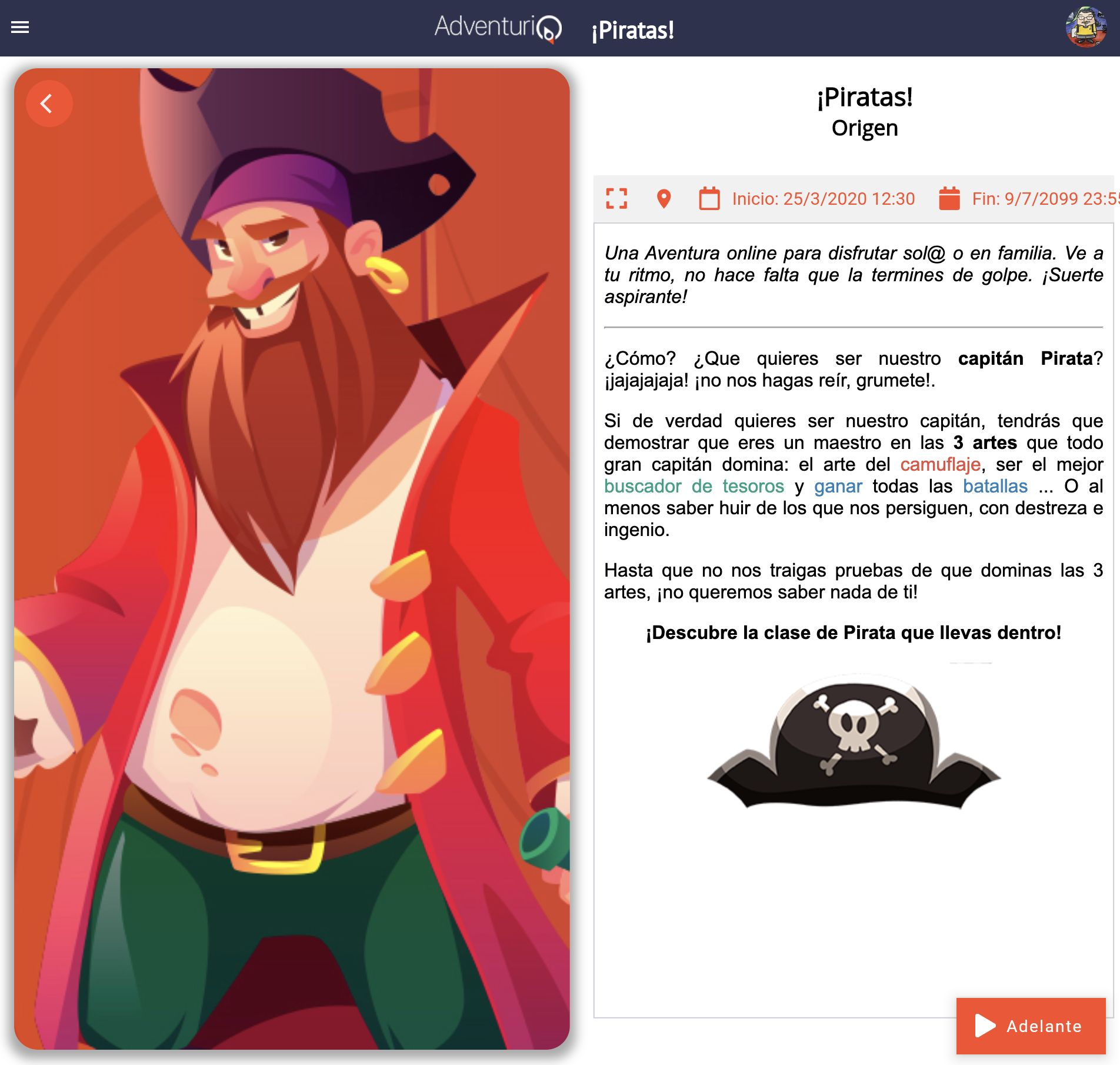 Vista de la aventura desde la app del jugador - tablet